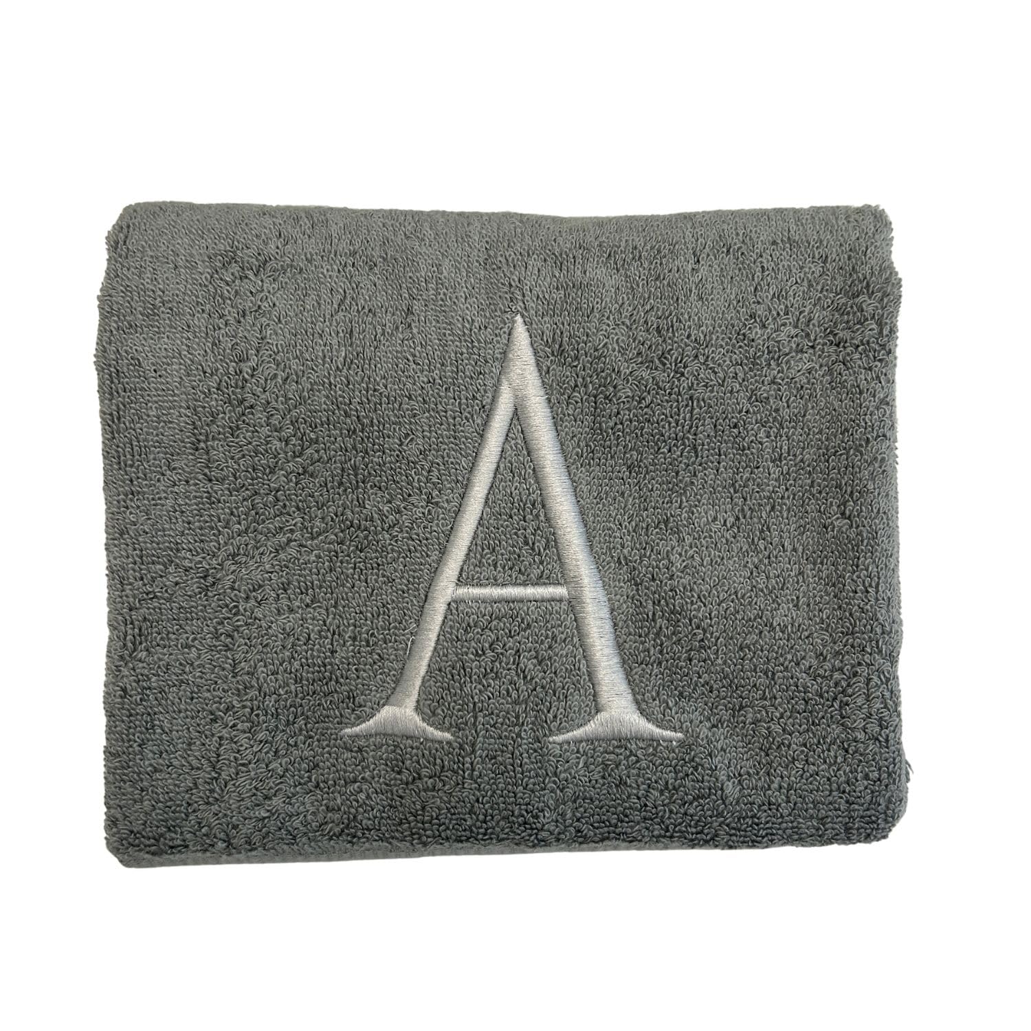 Toalla de mano gris con inicial para baño, toalla bordada decorativa con monograma de calidad de hotel para tocador, spa, certificado orgánico GOTS, juego de 2 letras plateadas V