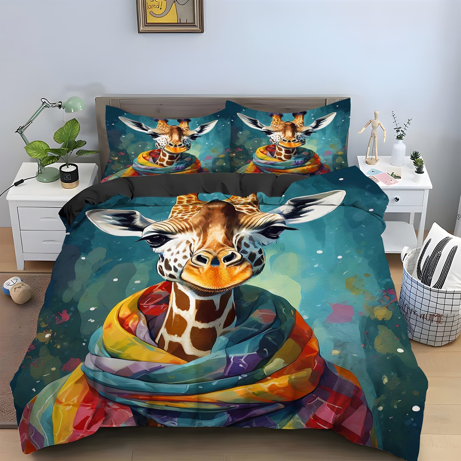 Housse de couette 220x240 girafe de Noël et 2 taies en microfibre douce