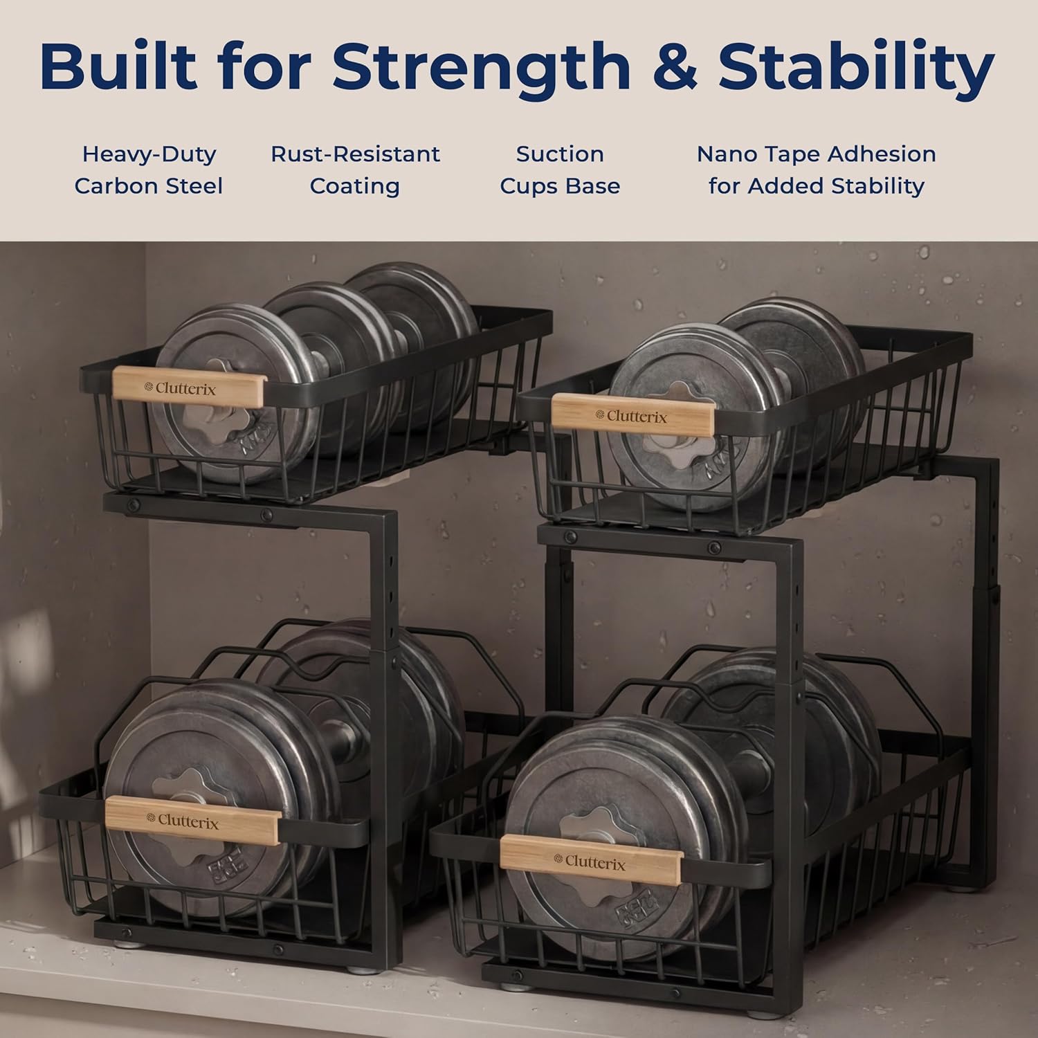 Under Sink Organizer, 2 Pack, 2 Tier Sliding L-Shaped Carbon Steel Rack with Adjustable Height, Motion-Activated LED Lights, Dividers & Hooks (Black)