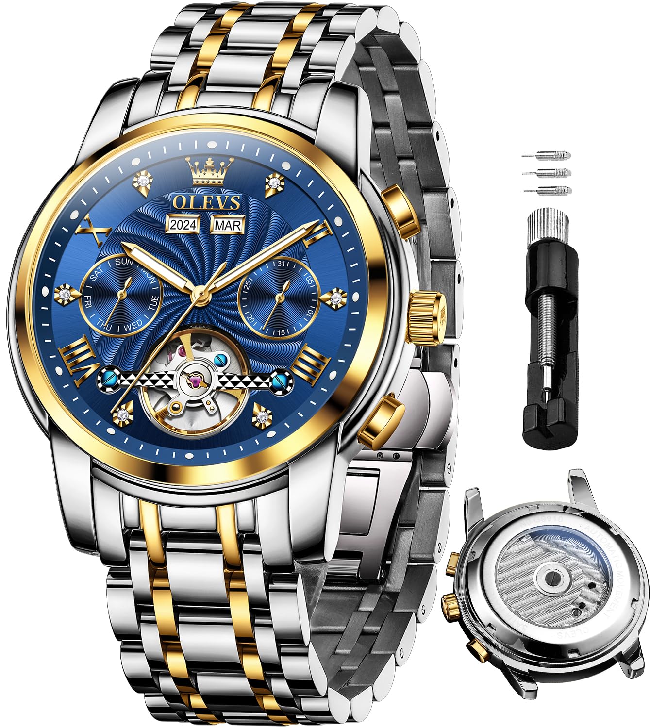 OLEVS Automatic Watches for Men Business Dress Mechanical Watch Stainless Steel Waterproof Self Winding Classic Date Luxury Diamond Skeleton Men Wristwatch