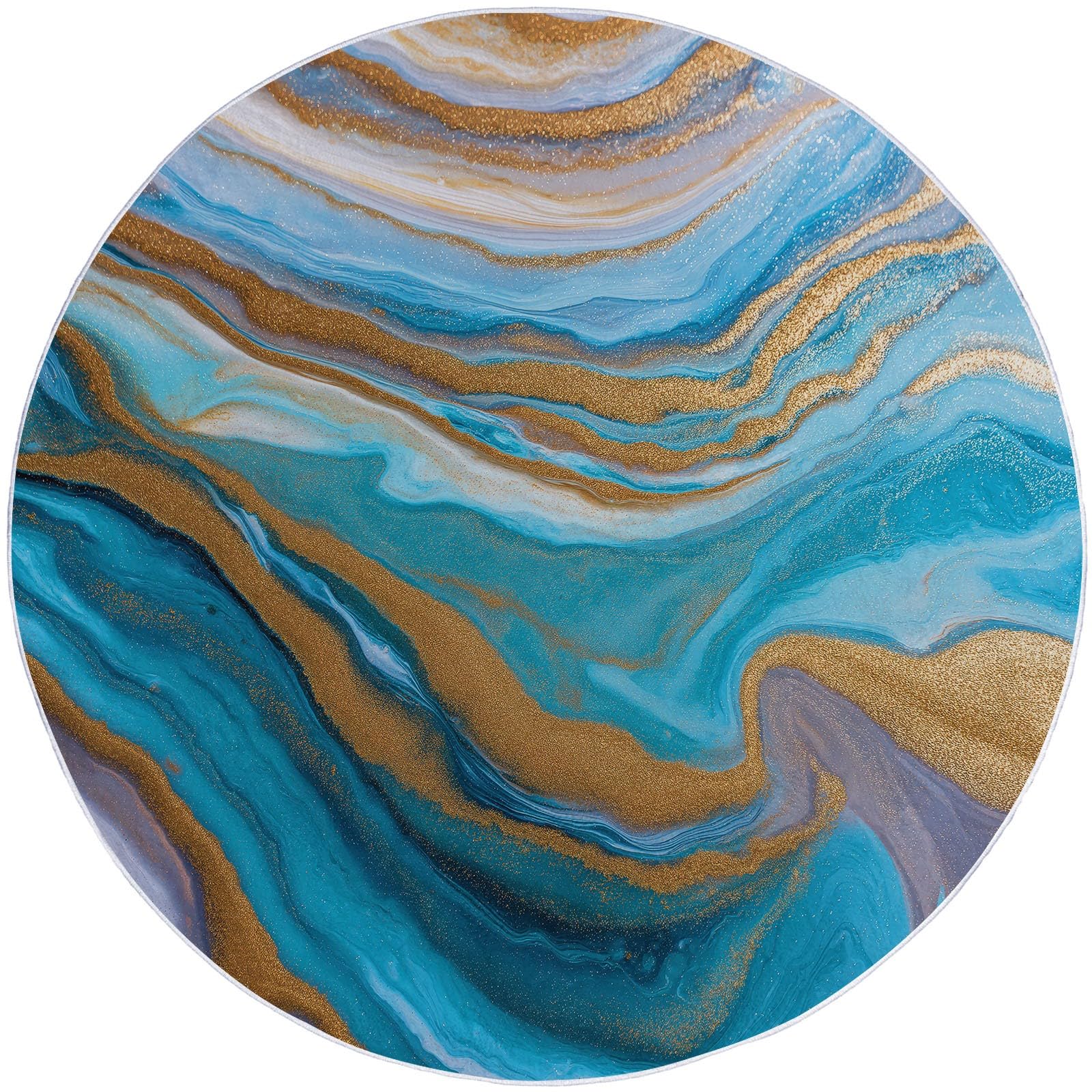 Générique Tapis Rond 100 cm Salon Vagues Océaniques en Marbre Bleu Et Or Lavable en Machine, Tapis Rond Abstrait Doux Descente de Lit Antidérapant pour Salle à Manger Bureau de Cuisine