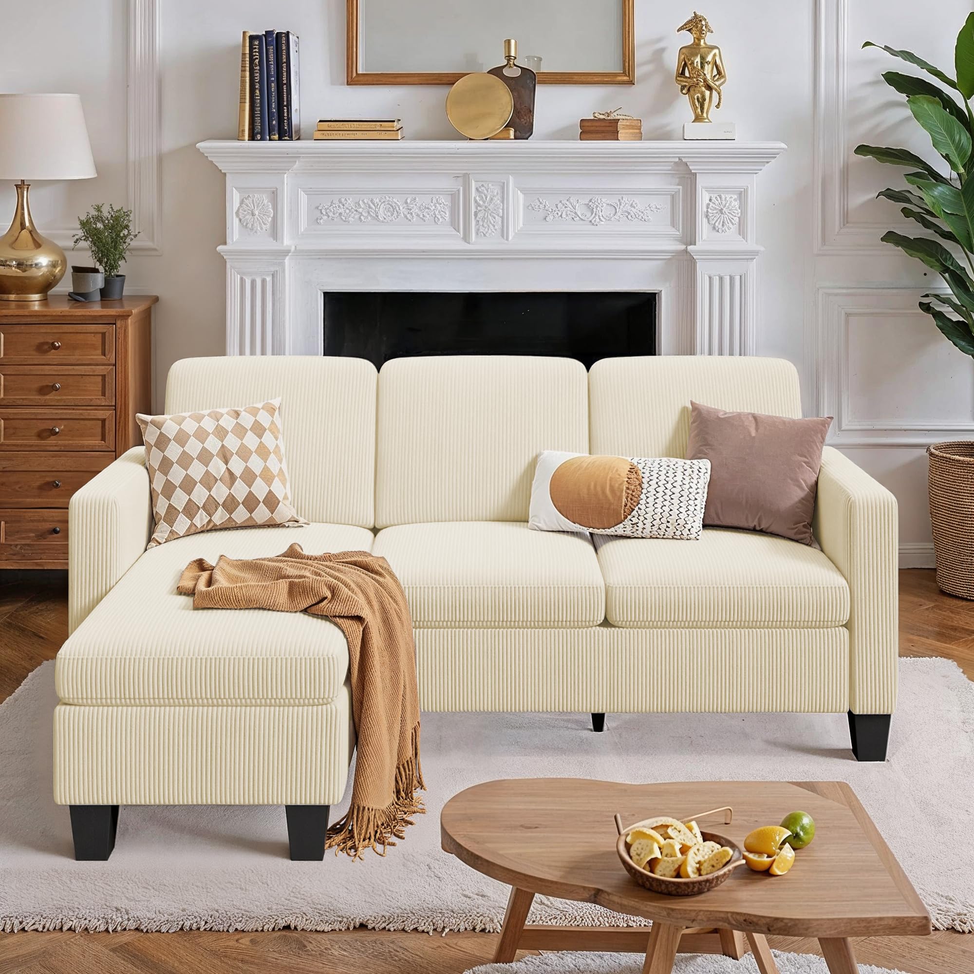 Xbro Divano angolare 3 posti a L con chaise longue fissa, imbottitura in spugna ad alta resilienza, tessuto in cotone e lino traspirante per soggiorno moderno, Giallo beige