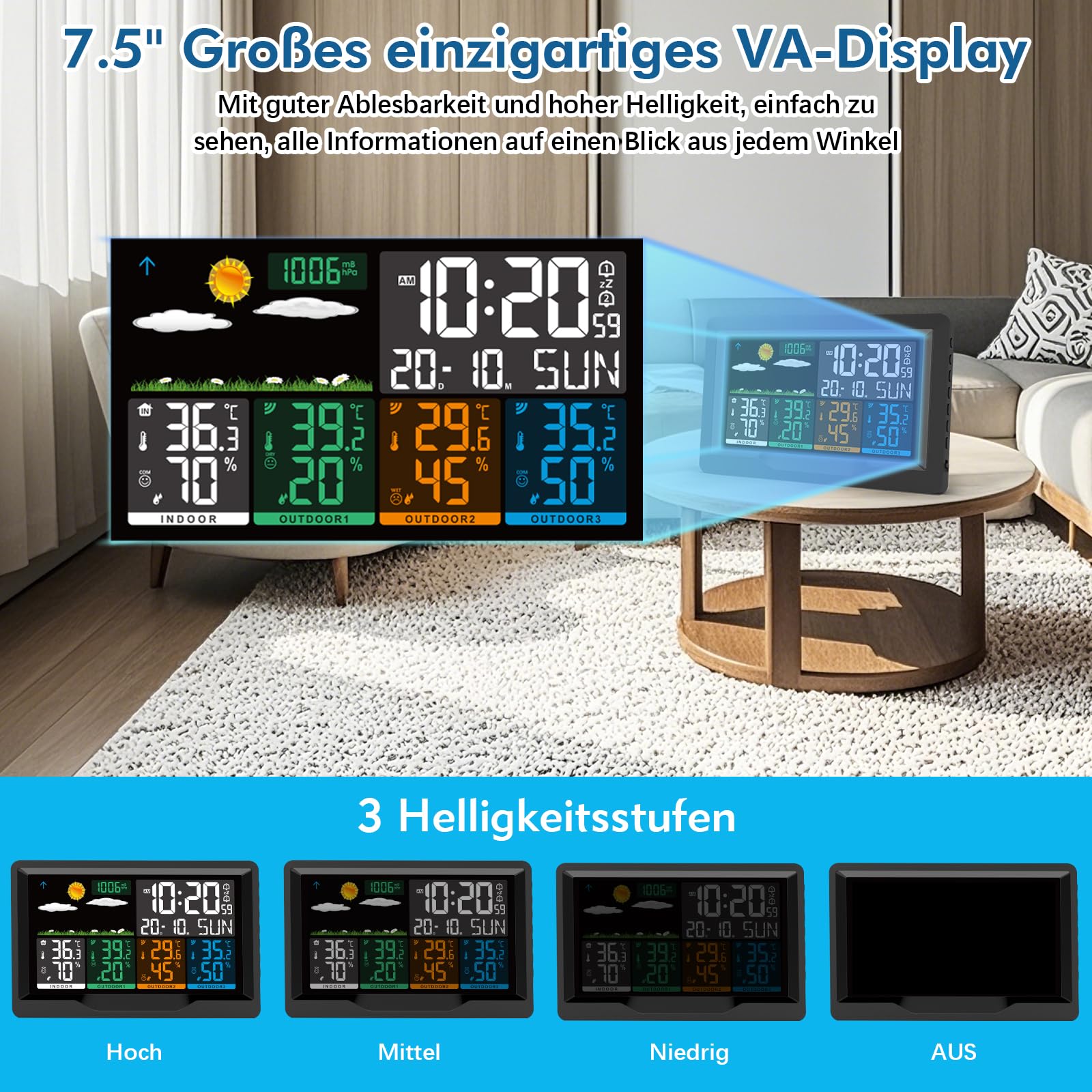 Wetterstation Funk mit Außensensor, Wetterstation Funk mit 3 Außensensor, 7,5" VA-Farbdisplay Funkwetterstation mit DCF Funkuhr, Innen- & Außentemperatur, Luftfeuchtigkeit, Wettervorhersaget für Hau