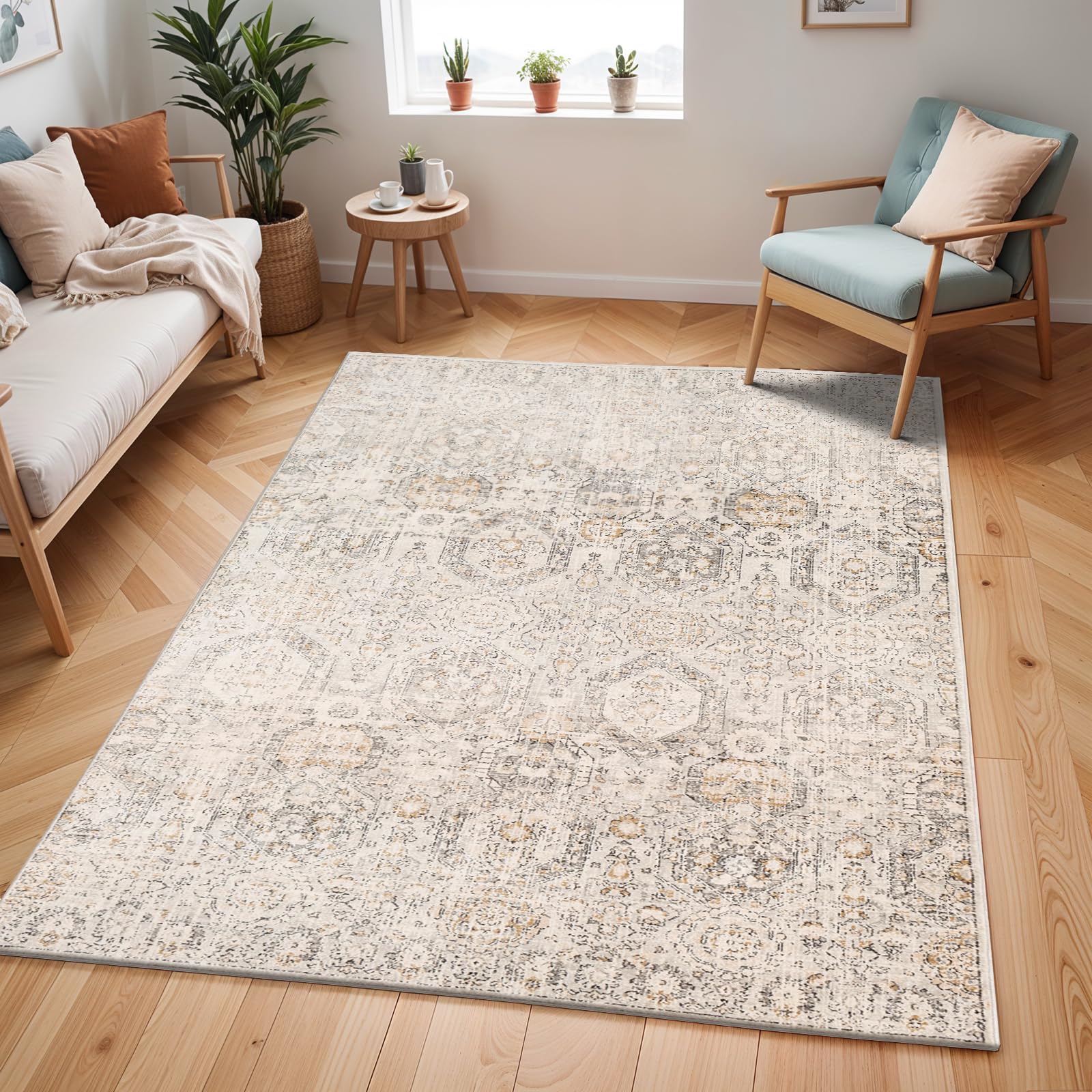 Livabliss Lotus Oran Vintage Carpet 160x220 cm – Living Room & Bedroom, Scandi Neutral Traditional Boho Pattern, Easy Care Pile, Grey, Beige & Mustard