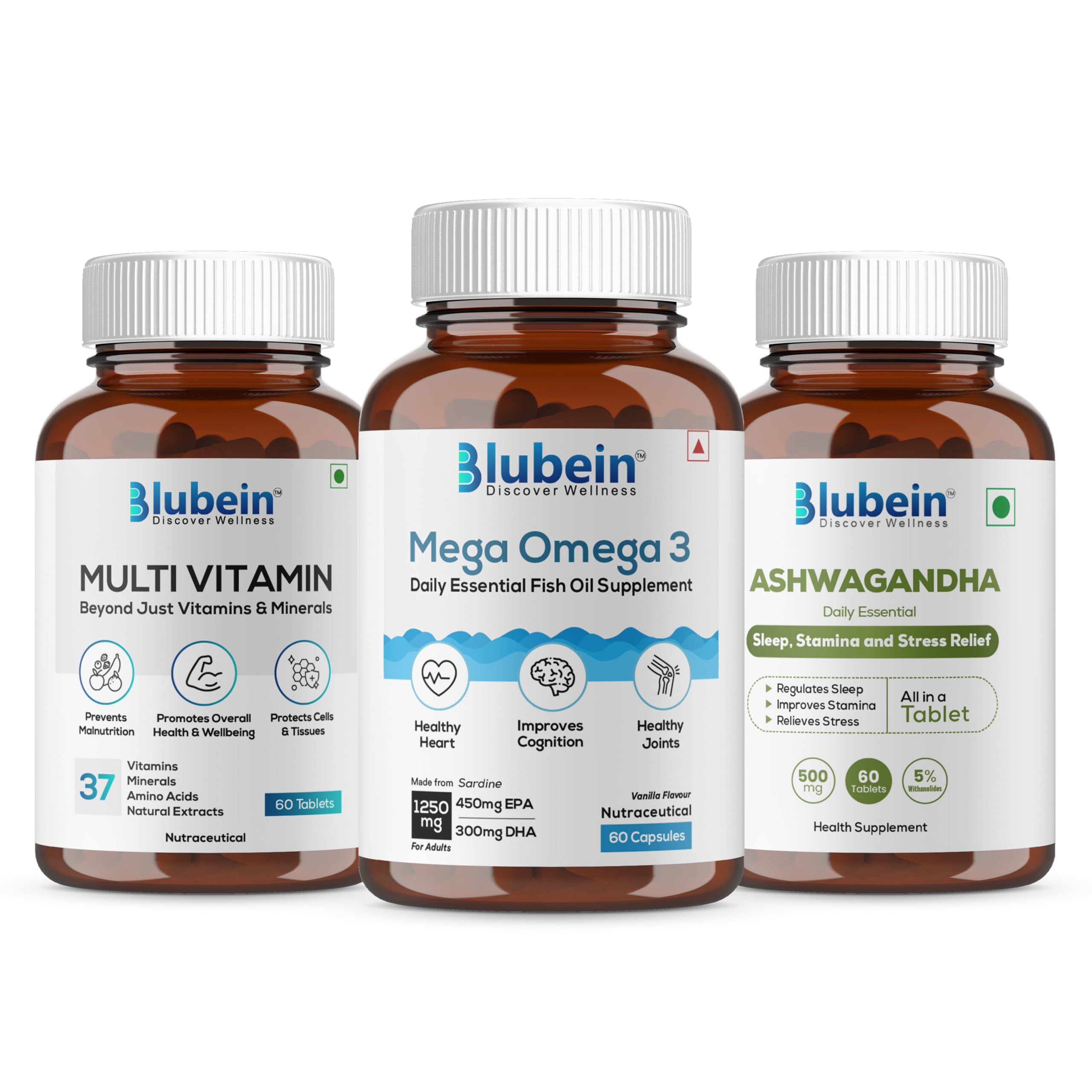 Blubein Total Wellness Trio|Multivitamin With 37 Vital Ingredients 60N|Mega Omega 3 Fish Oil Capsules 60N|Ashwagandha With 5% Withanolides 60N,3 Count