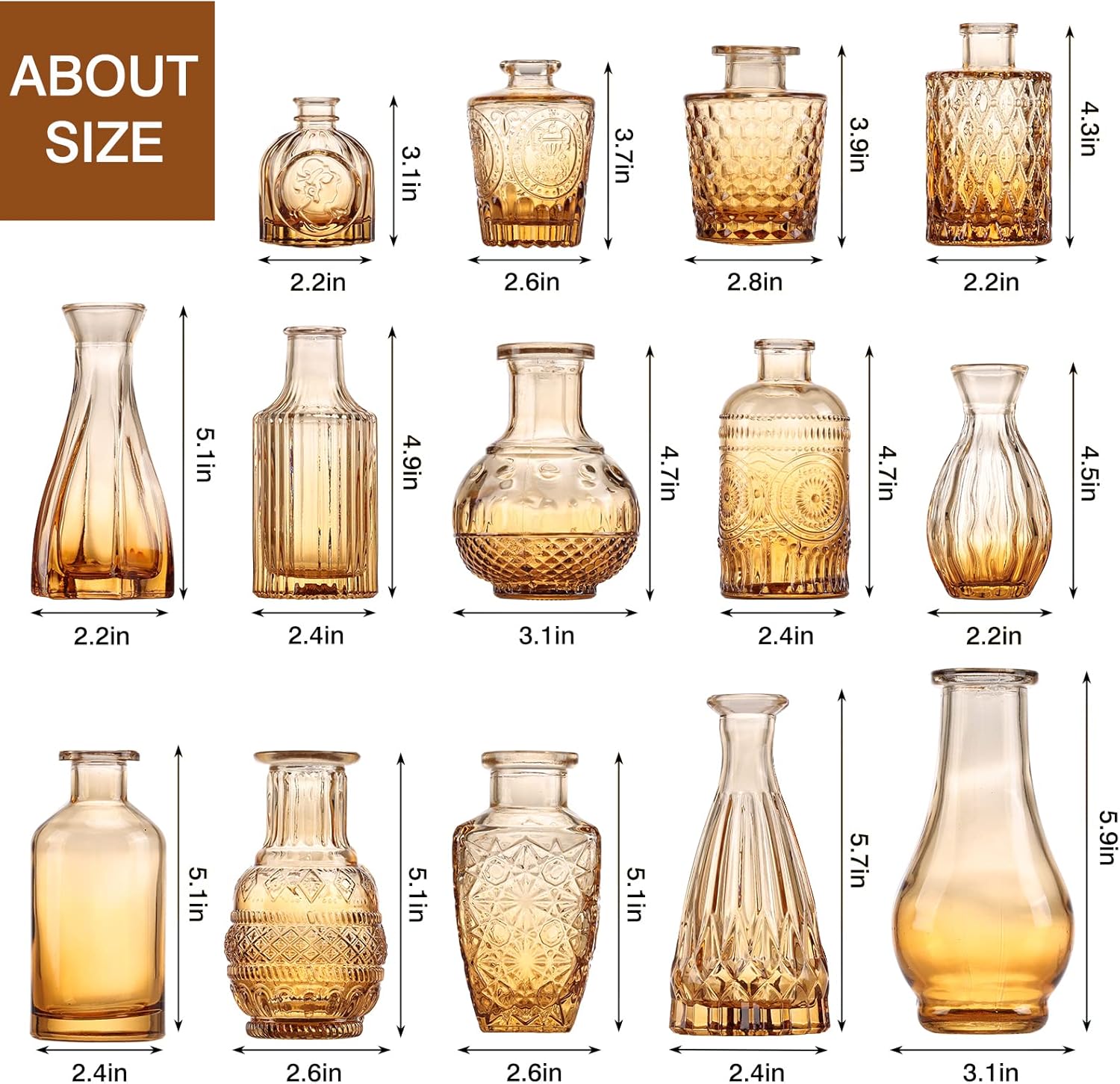 CUCUMI 14pcs Glass Bud Vase Set, Small Amber Vases for Centerpieces in Bulk, Vintage Glass Flower Vases for Wedding Home Table Party Decor