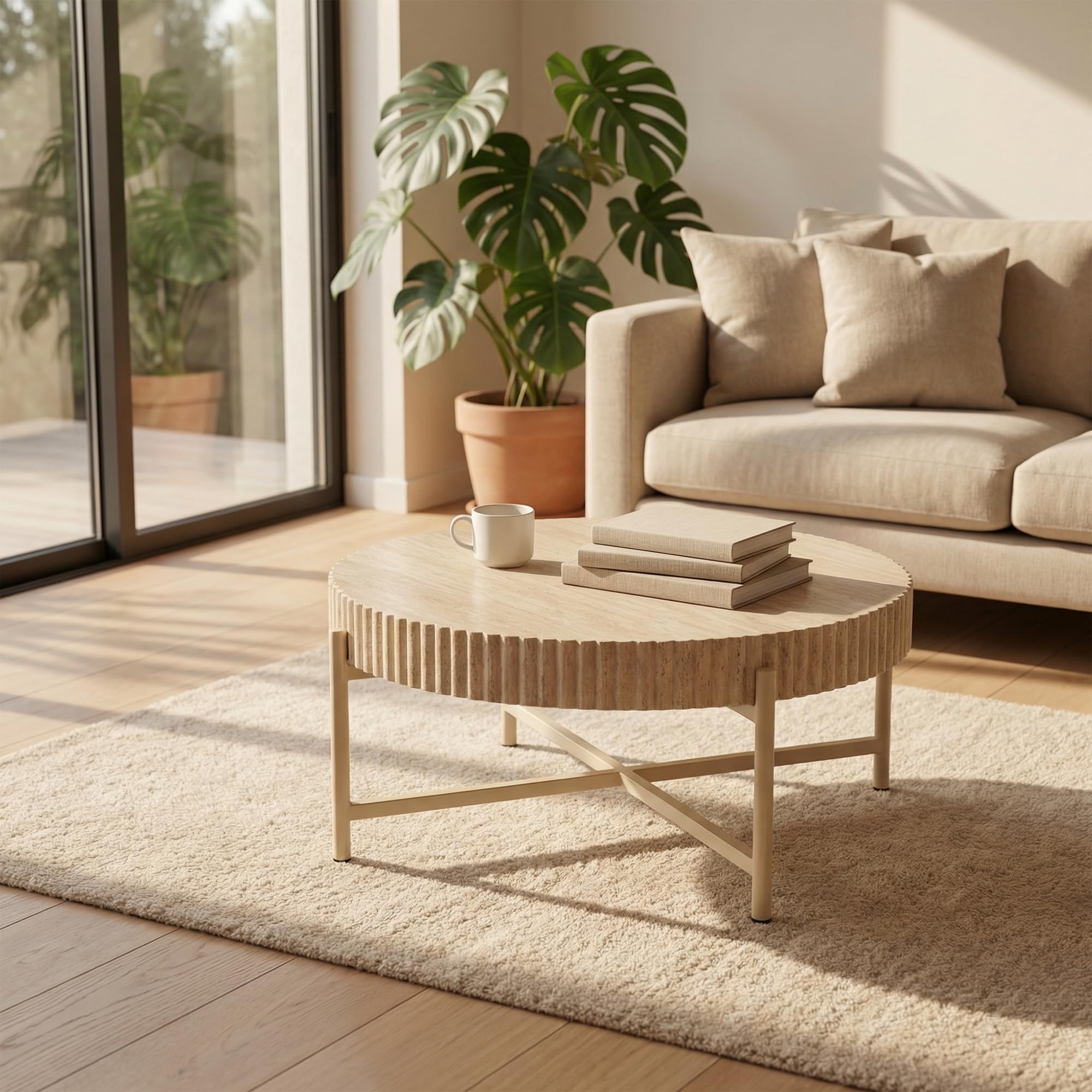 Beistelltische 2er Set, Moderne Metallgestell Beistelltische mit Travertinoptik Tischplatte, Sofatisch für Wohnzimmer, Schlafzimmer und Büro