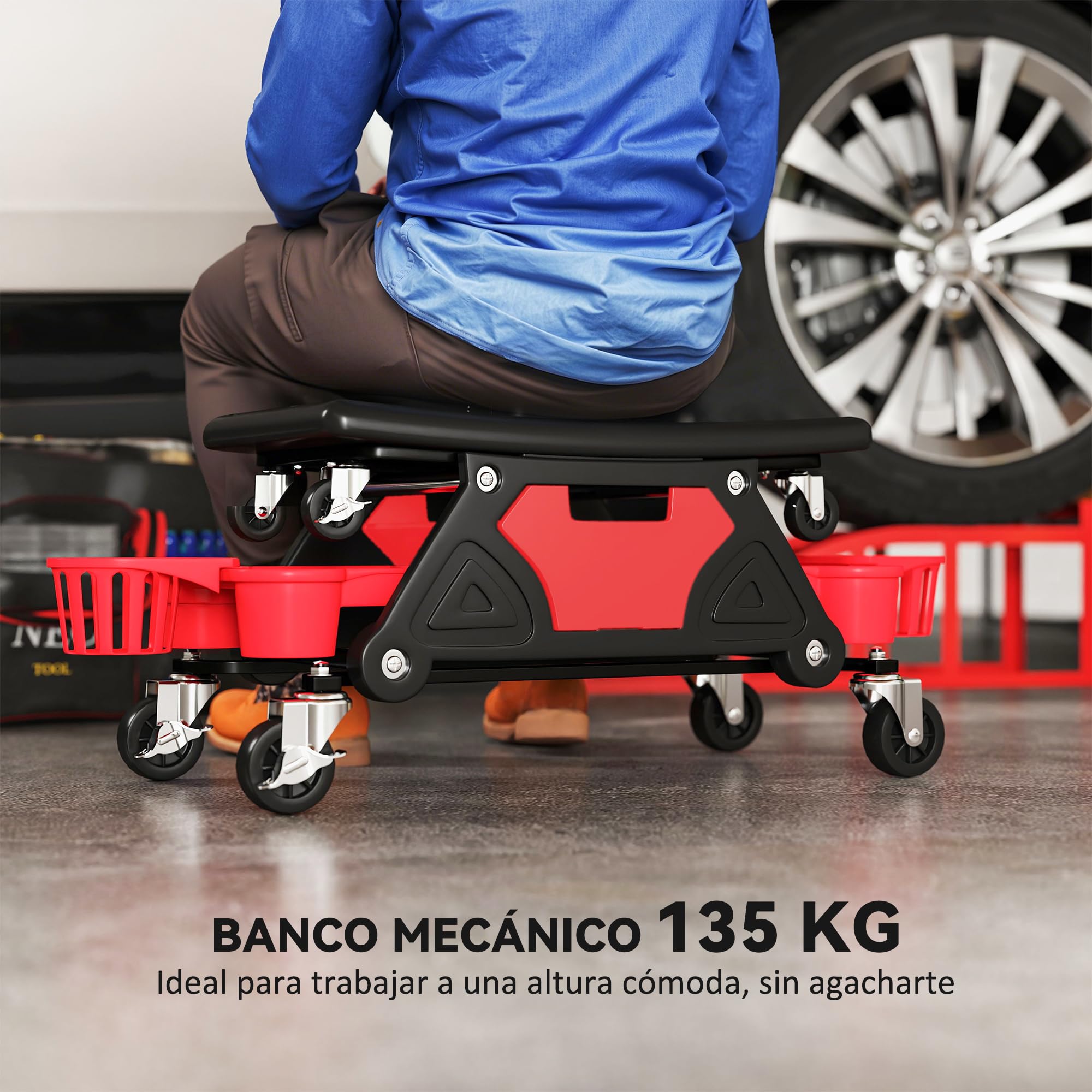 HOMCOM Taburete de Taller Giratorio con Ruedas Altura Ajustable Asiento Taburete para Mecánico con 2 Bandejas para Herramientas Portavasos Cajón Carga 135 kg para Garaje Reparación de Automóviles Rojo