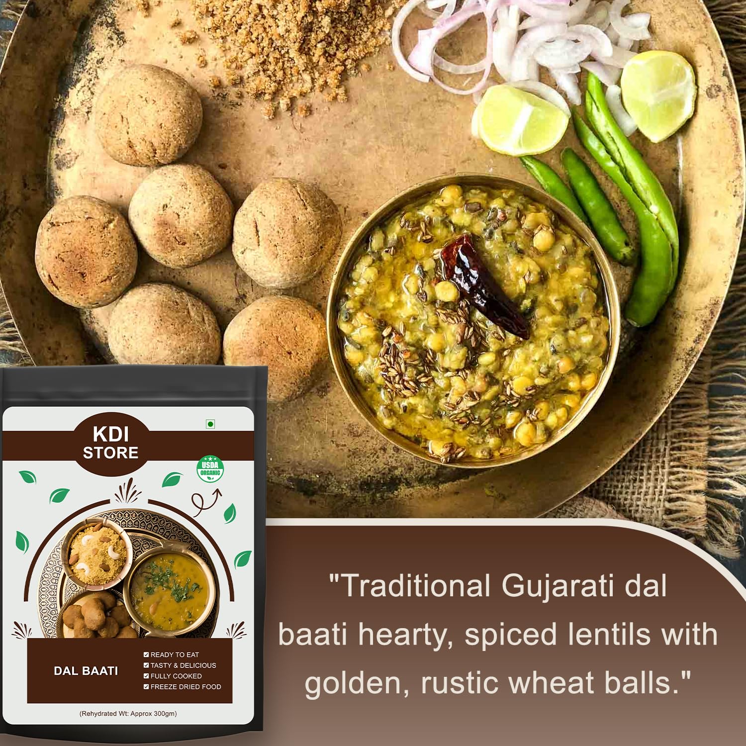 KDI Store Ready to Eat Dal Baati, Traditional Gujarati Lentil Curry with Wheat Balls, USDA Organic, Freeze Dried,120g