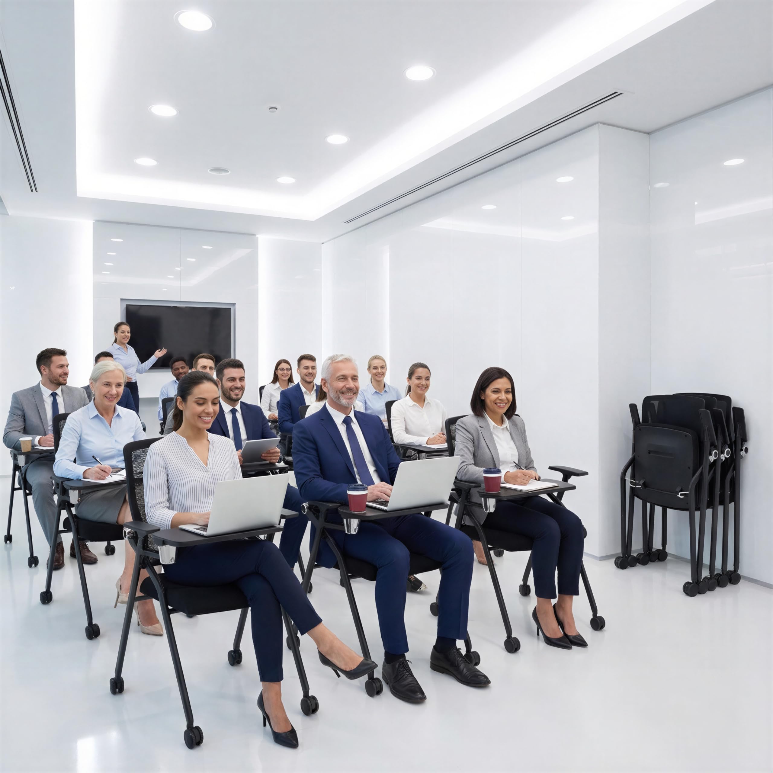 Updated Conference Room Chairs with Tablet Arm, Folding Office Desk Chair with Lumbar Support and Sliding Armrest with Casters, Stackable Office Guest Chairs &amp; Reception Chairs, 10 Pack Black