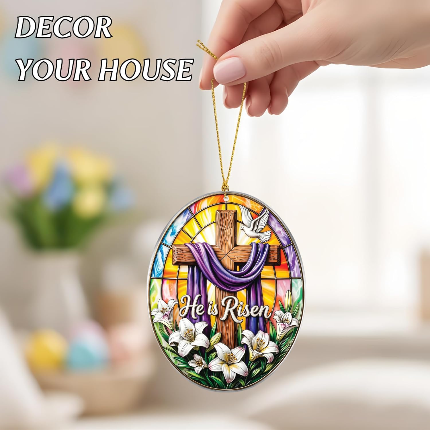 Easter Decor, Easter Basket Stuffers, He is Risen Cross Ornament with Stained Glass Style, Christian Home Decor, Faith Inspired Easter Gift, Inspirational Keepsake for Family, Friends, Church