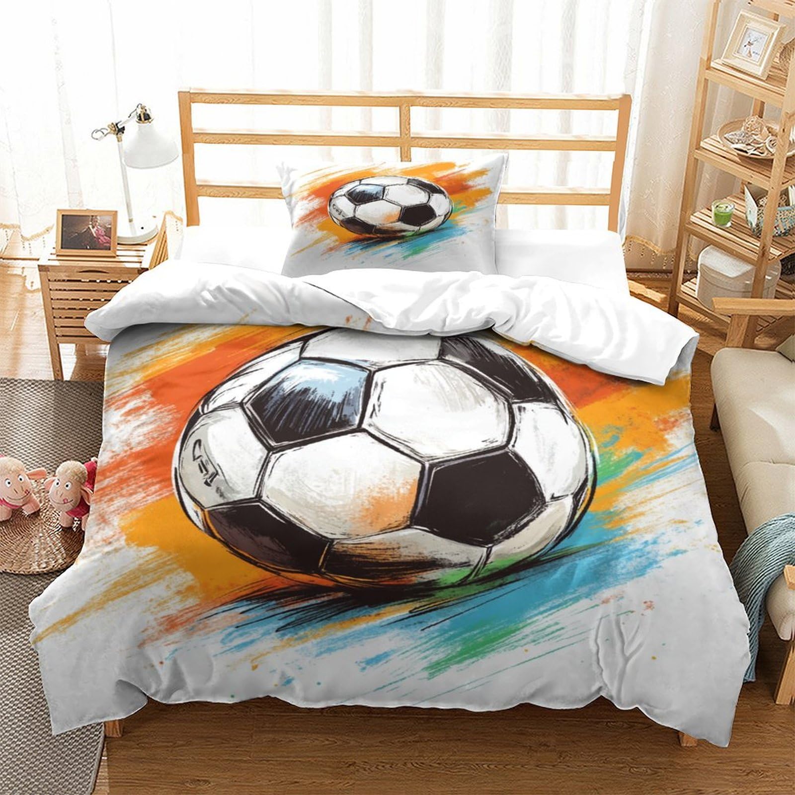 P1s9u7w5y Football-1-1 Colorful Sports 3D Printed Soccer Duvet Cover Set 3Pcs Microfiber Football Bedding Set Single（135X200cm）