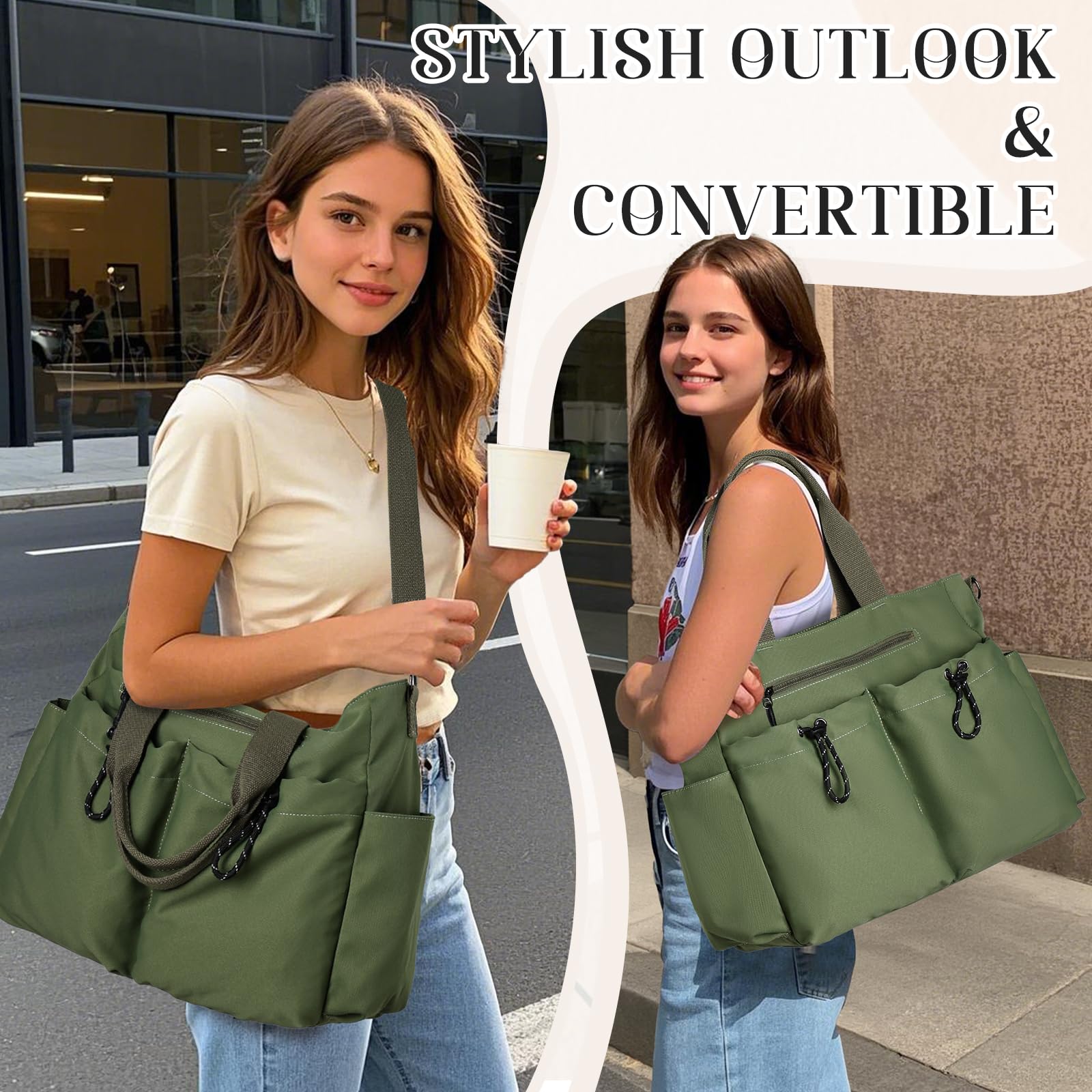 VX VONXURY Tote Bag for Women- 8-Pocket Lightweight Water-Resistant Convertible Crossbody Work Bag for Gym, Travel, Hiking, Daily Use, Large Organizer Shoulder Purse with Removable Strap (Green)