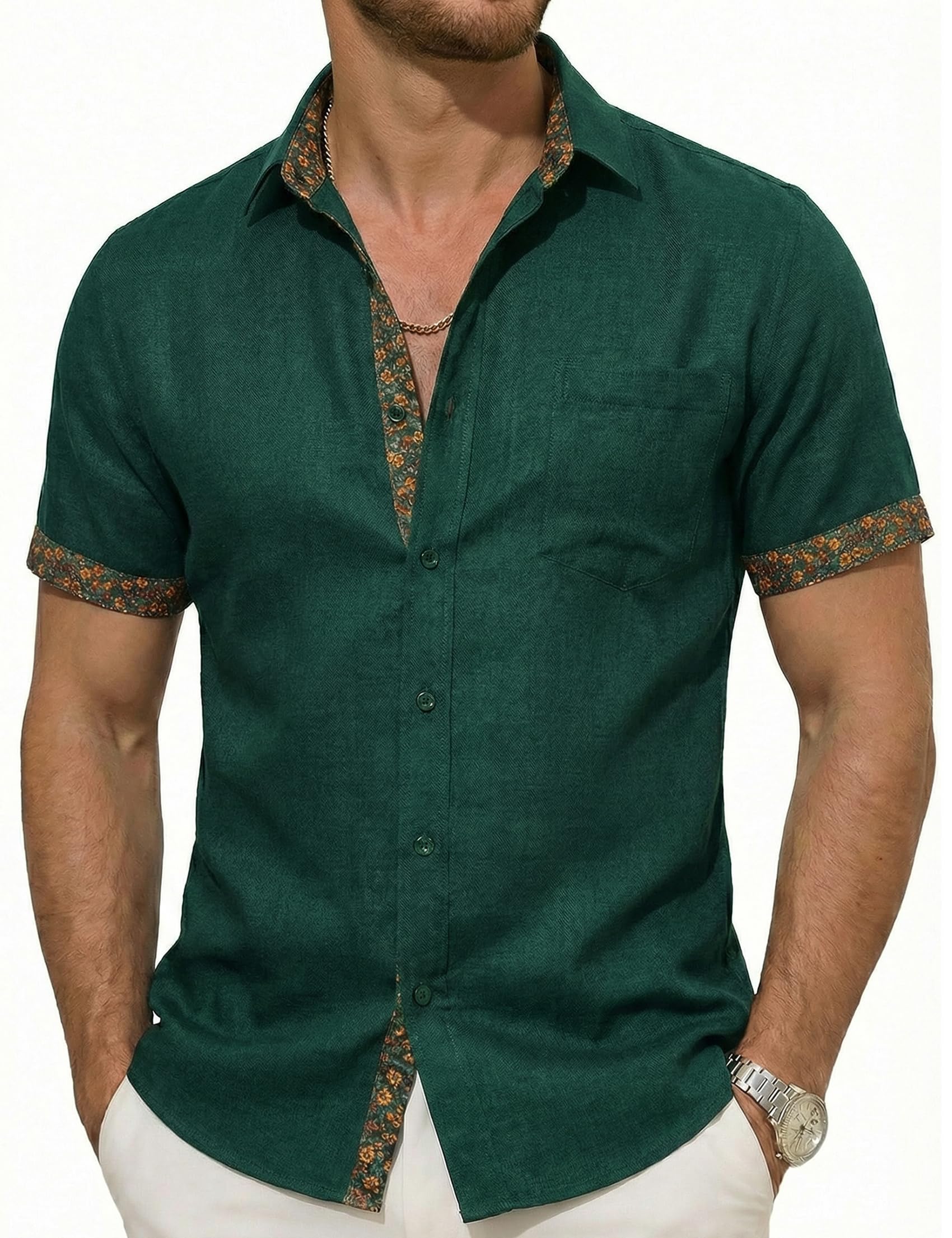 Barry Wang Herren Leinenhemd Sommer Kurzarm Lässig Knopfleiste Strand | Kontrast Blumenmuster Innenfutter,Atmungsaktive Baumwollmischung, Leicht hautfreundlich,Regular Fit,Brusttasche,Hochzeiten