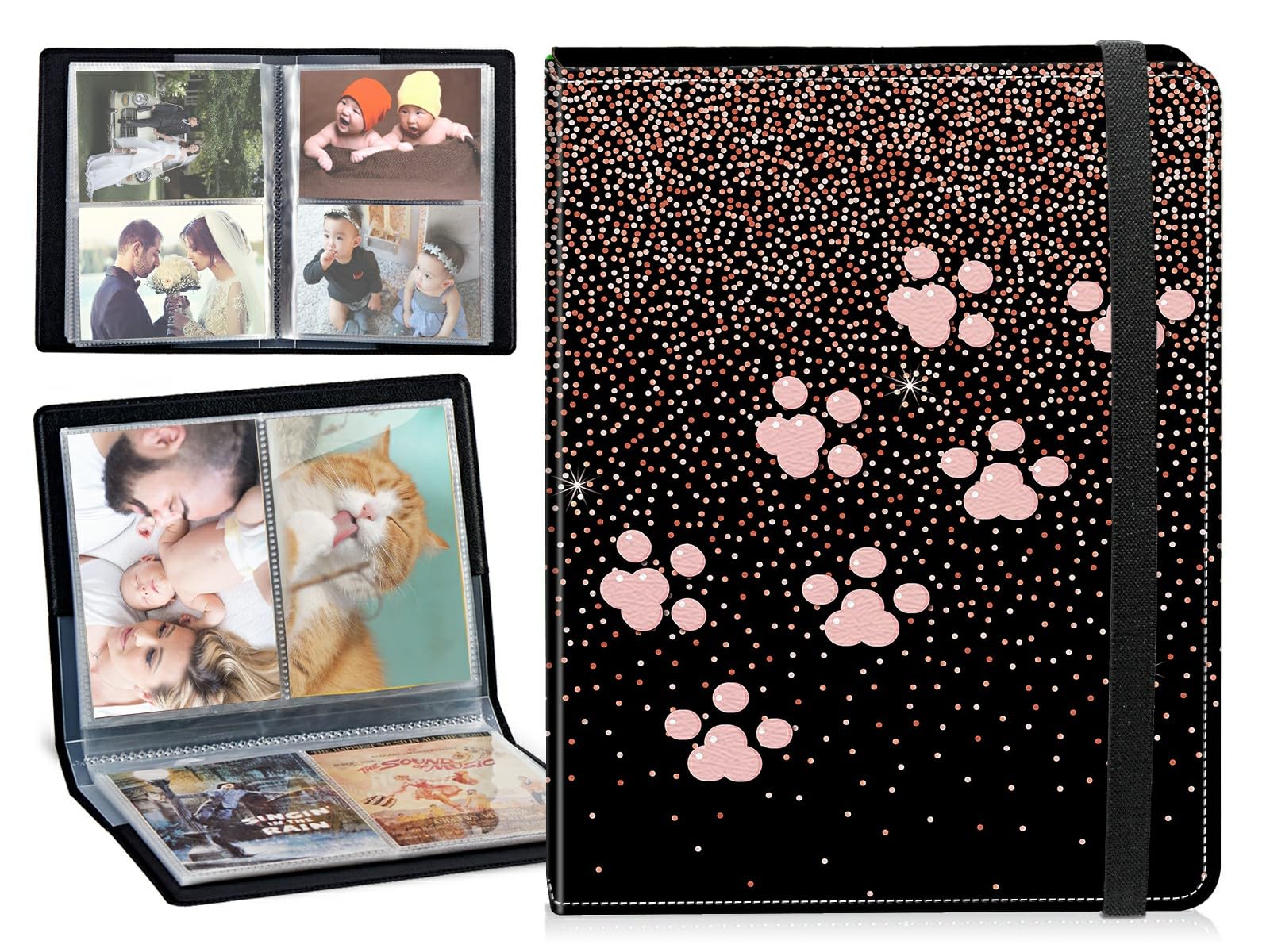 Small Photo Album 3x5 Shows 80 Photos, Pink Dog Paw Glitter Mini Picture Binder Albums Photo Books with 20 Sleeves, PU Leather Photo Protector w/Elastic Band for Family Wedding Baby Pets