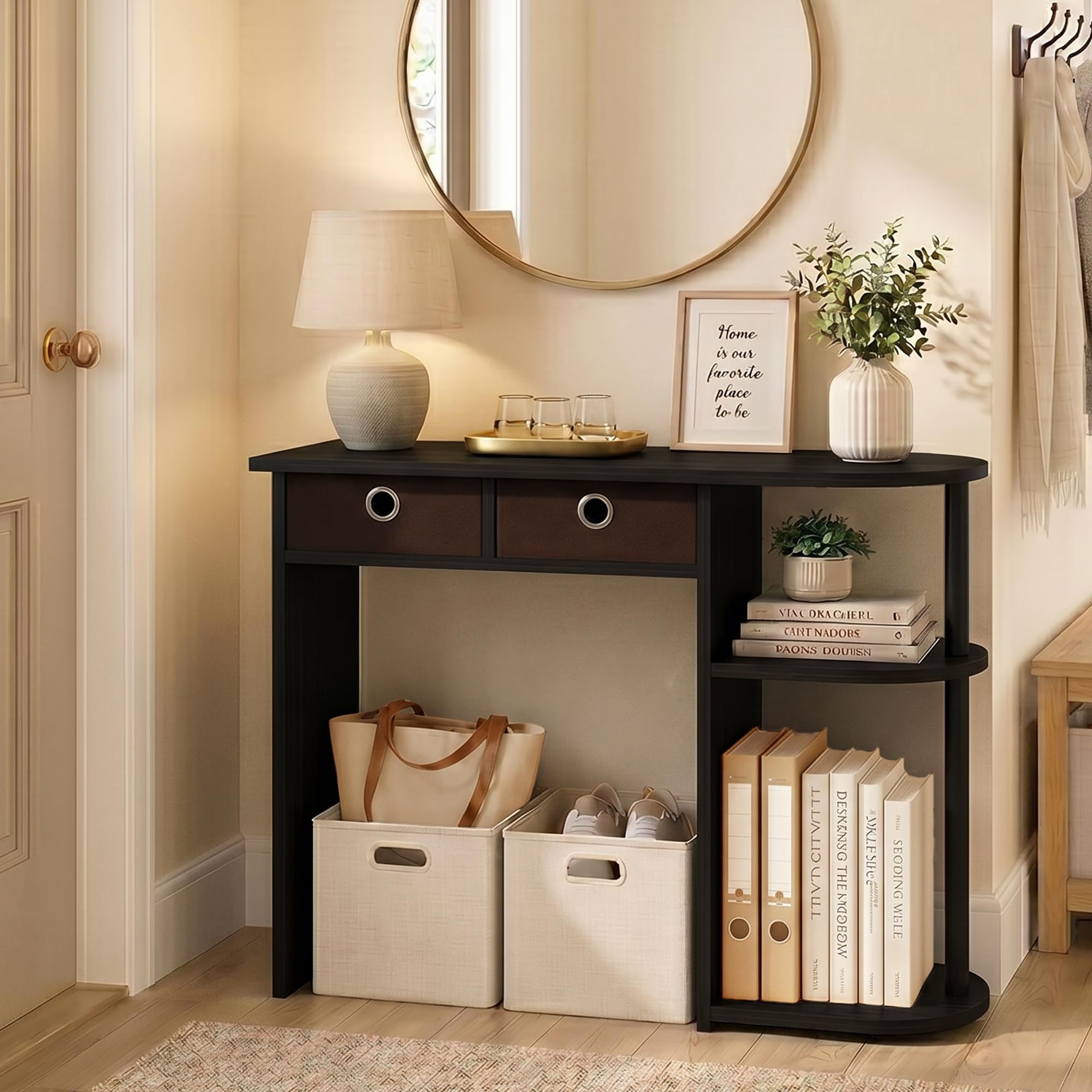Furinno JAYA 32-Inch Black Entryway Table with 2 Fabric Drawers, Console Table with Open Shelves, Behind Sofa Couch Tables, for Living Room, Entryway, Hallway, Espresso