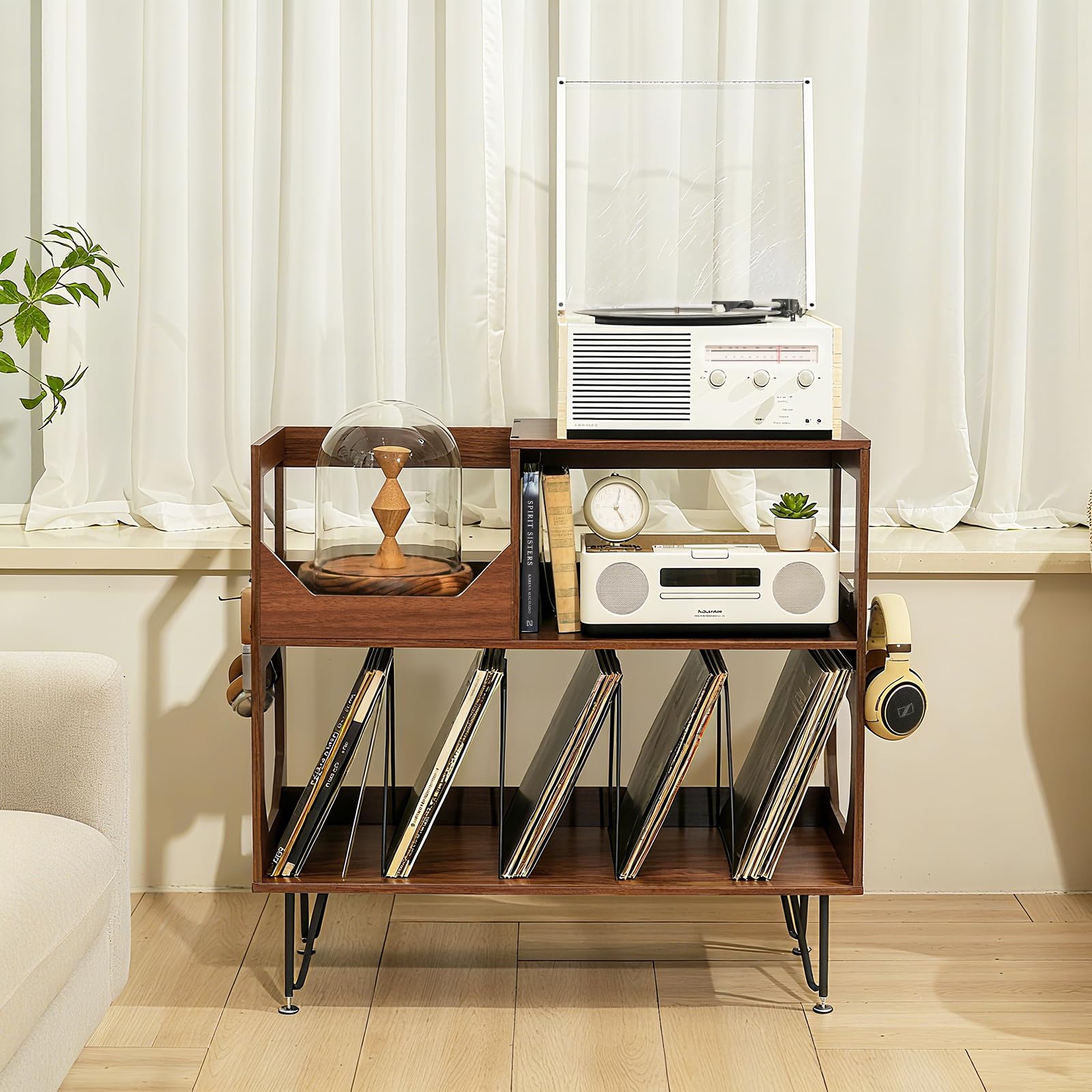 Großer Plattenständer mit Aufbewahrung,Plattenspieler-Ständer mit Ablage,Vinylplatten-Halterung mit Präsentationsfläche,Plattenständer für bis zu 370 Alben, Plattenregal für Musikzimmer und Wohnzimmer