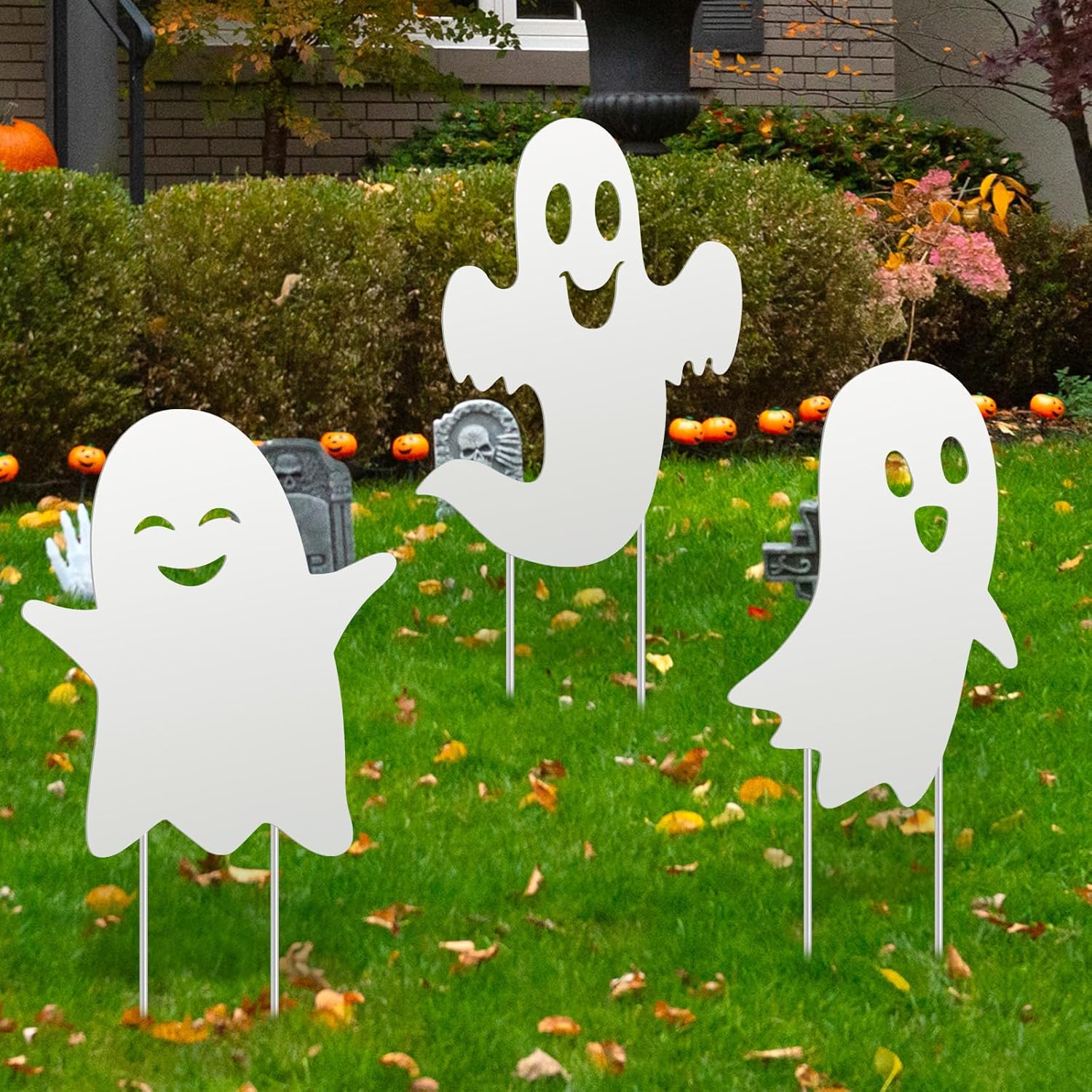 3 Pack Halloween Decorations Outdoor Metal Halloween Garden Stakes Metal Ghost Pumpkins Black Cat Yard Signs Decor for Outside Garden Lawn Porch Patio Party Decorations(Ghost Style)