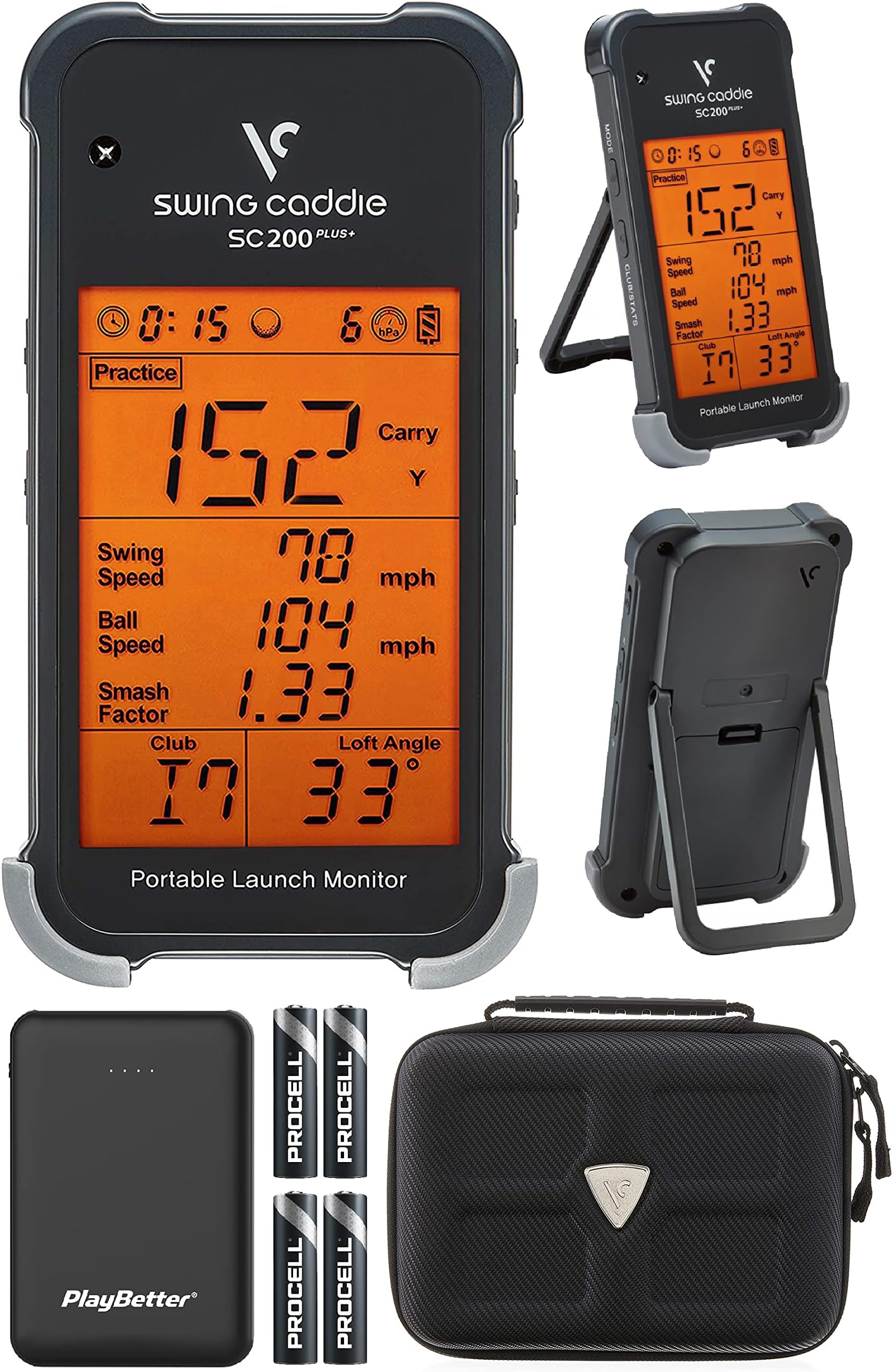 PlayBetter Swing Caddie SC200 Plus+ by Voice Caddie Portable Golf Launch Monitor | Bundle Protective Case, AAA Batteries (x4) & Portable Charger | Doppler Radar | Smash Factor, Ball Flight
