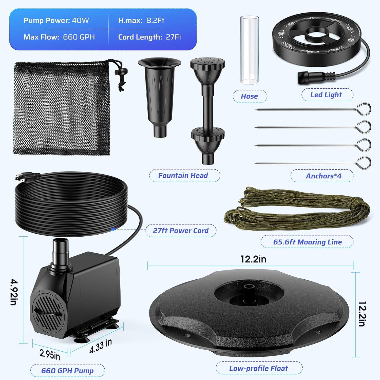 Antfraer Floating Pond Fountain with LED Lights - 40W 660GPH Pump with 3 Spray Modes, Floating Fountain 27FT Power Cord & 65.6FT Mooring Line for Garden Ponds, Waterfalls & DIY Water Features