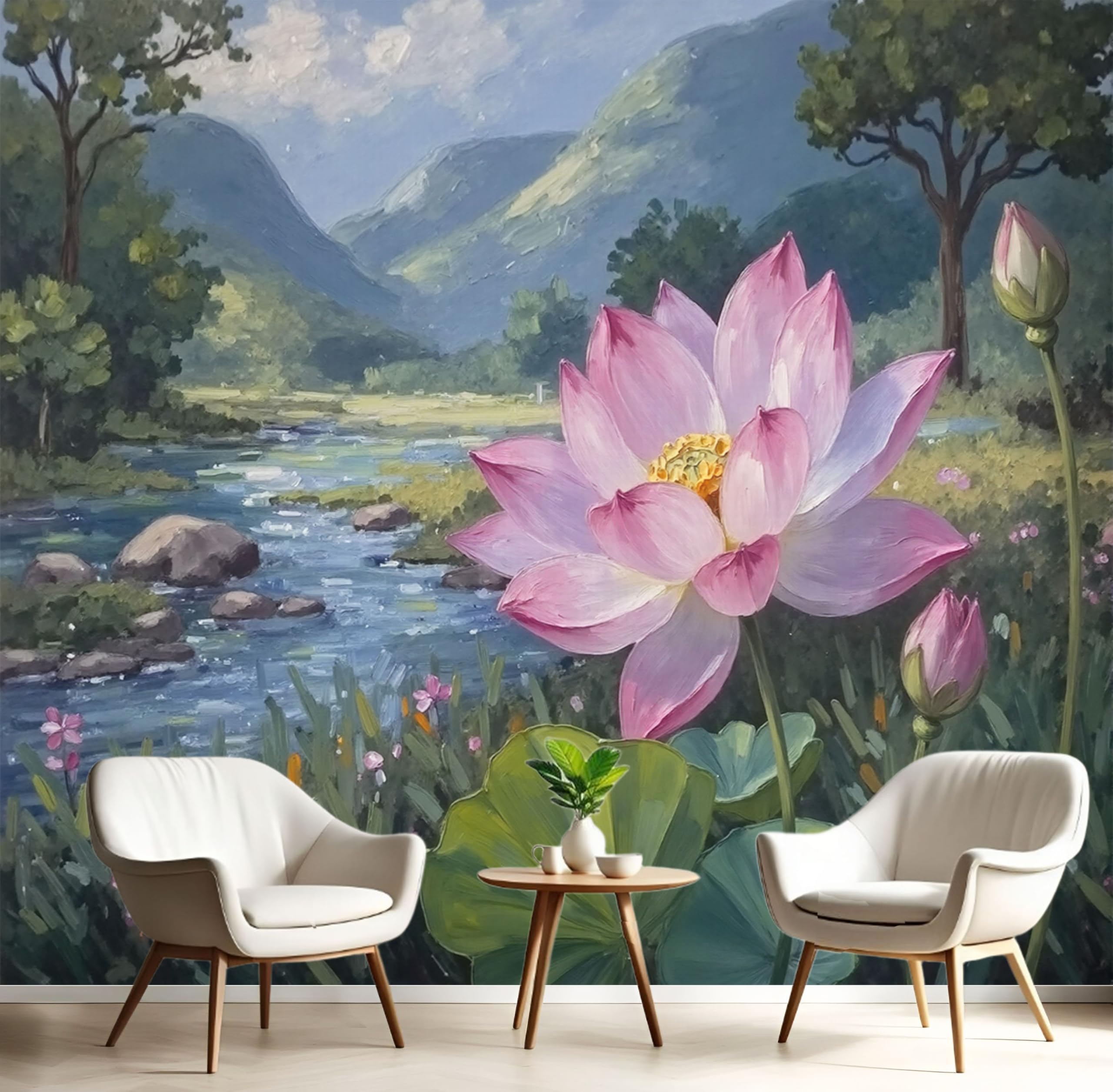 Papier peint panoramique 3D lotus pour agrandir un petit salon avec un paysage de rivière
