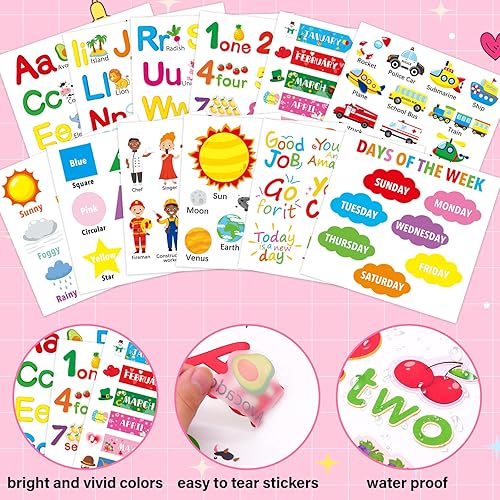 Miniatura 5 de Calcomanías de pared con números del alfabeto, 12 hojas de calcomanías de pared educativas para aprendizaje de clima de color, calcomanías de pared