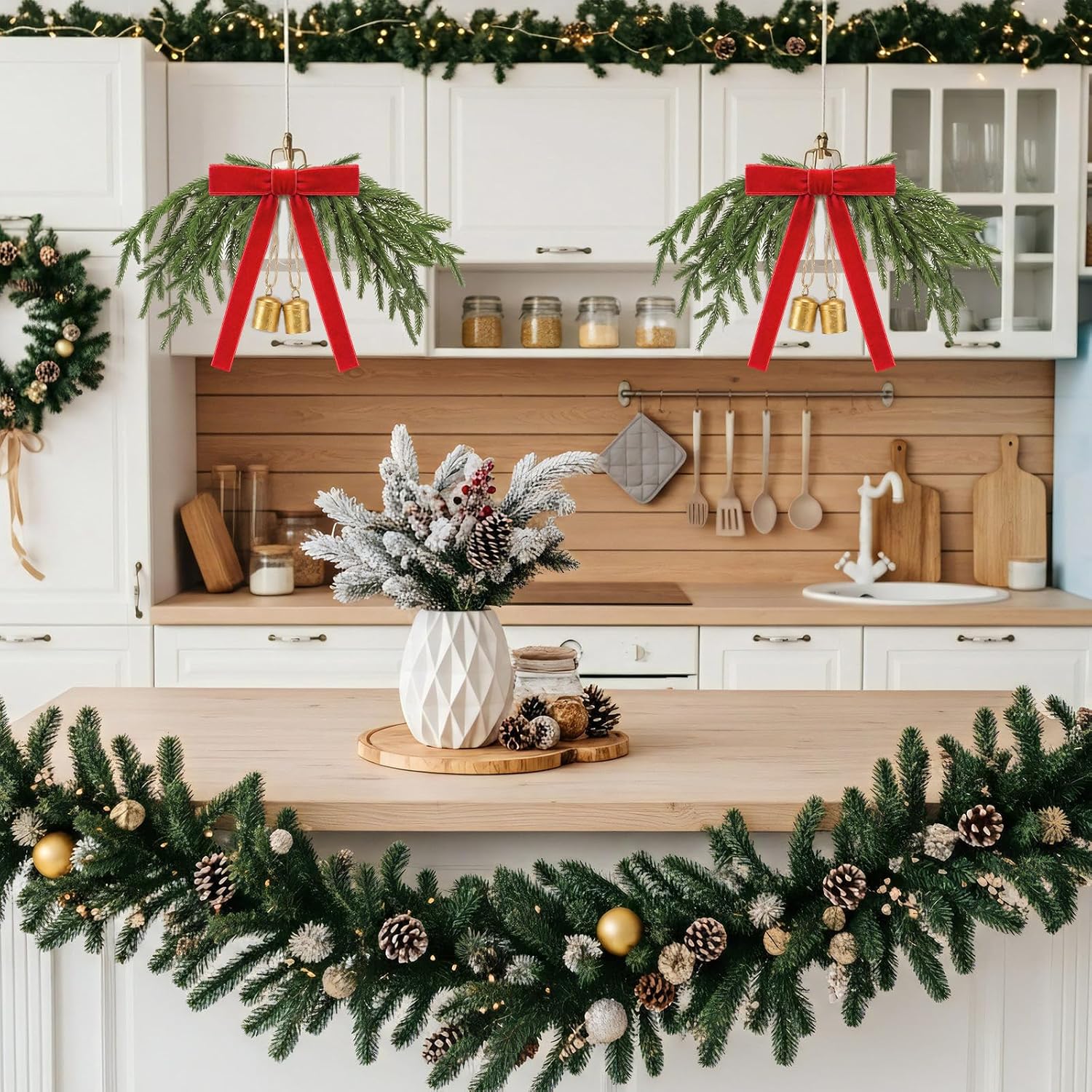 Thiccywoov 4Pcs Christmas Norfolk Pine Swag with Bow&Bells Chandelier Decor