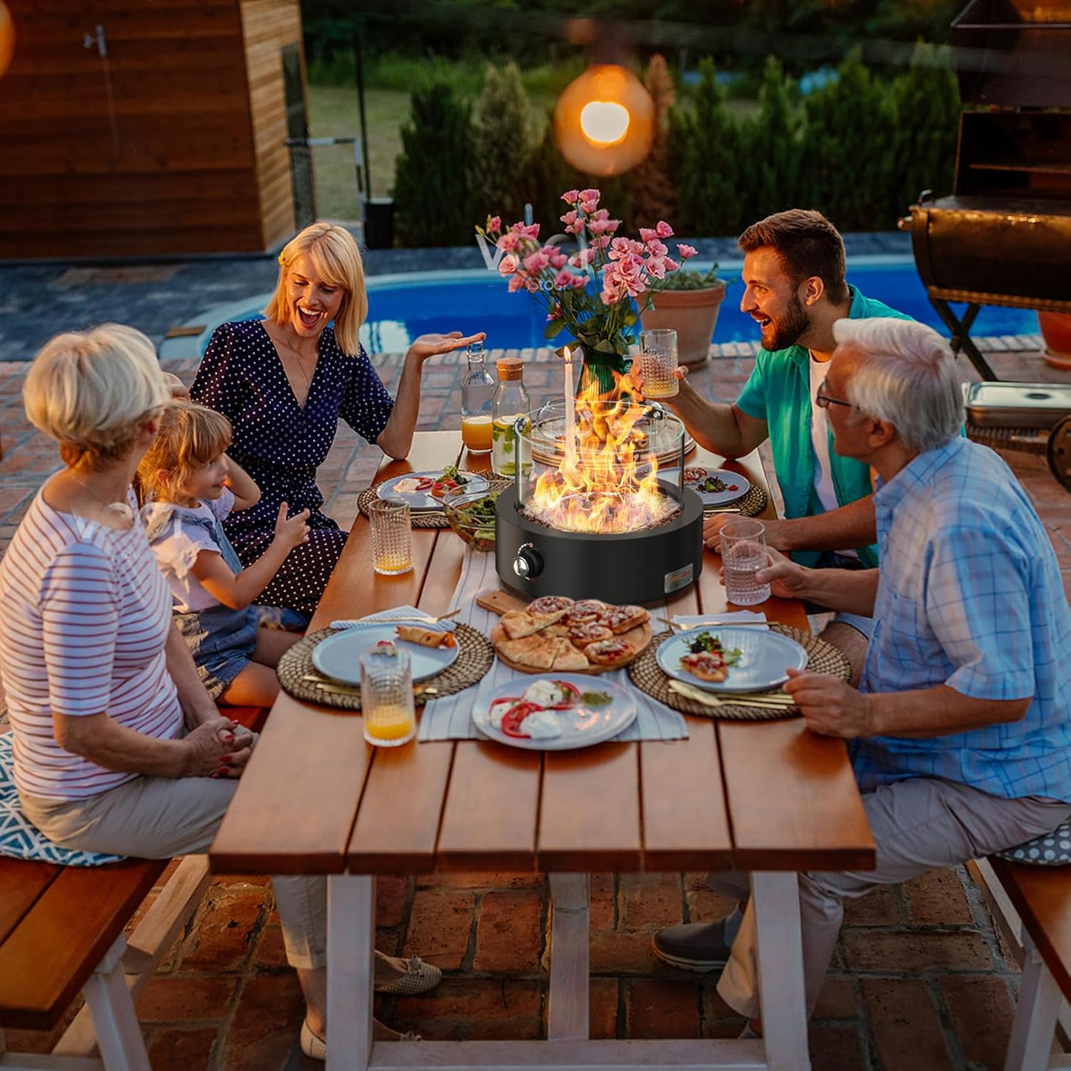 ONLYFIRE OUTDOOR LIVING 15.7" Portable Propane Gas Fire Pit Side-Mounted, Modern Tabletop Fireplace Smokeless Firepit with Glass Wind Guard for Patio Camping RV Tailgating, 23000BTU, Round FP038