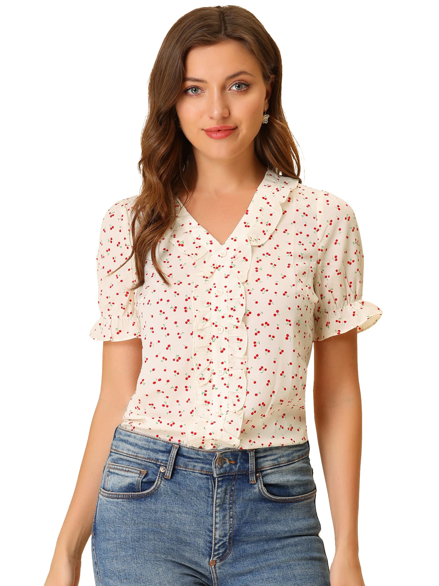 Allegra K Women's Cherry Print Ruffle V Neck Short Sleeve Summer Blouse