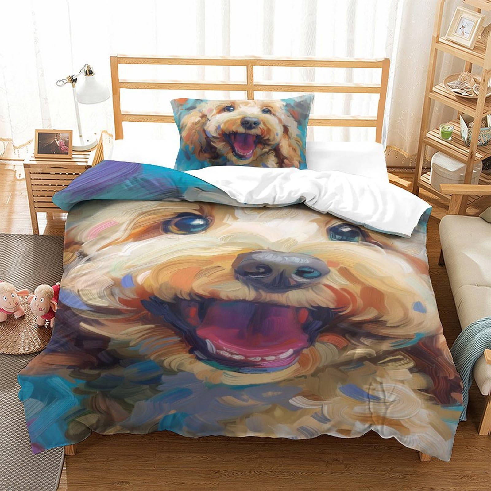 Housse de couette caniche 3D literie sans repassage fermeture glissière