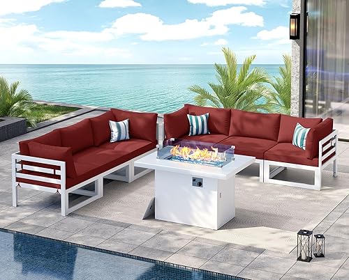 Miniatura 437 de NICESOUL 7 Piece White Powder-Coated Aluminum Patio Furniture with Fire Pit Table, 29 Inch Extra Wide Outdoor Sectional Sofa for 6, High-End Heavy