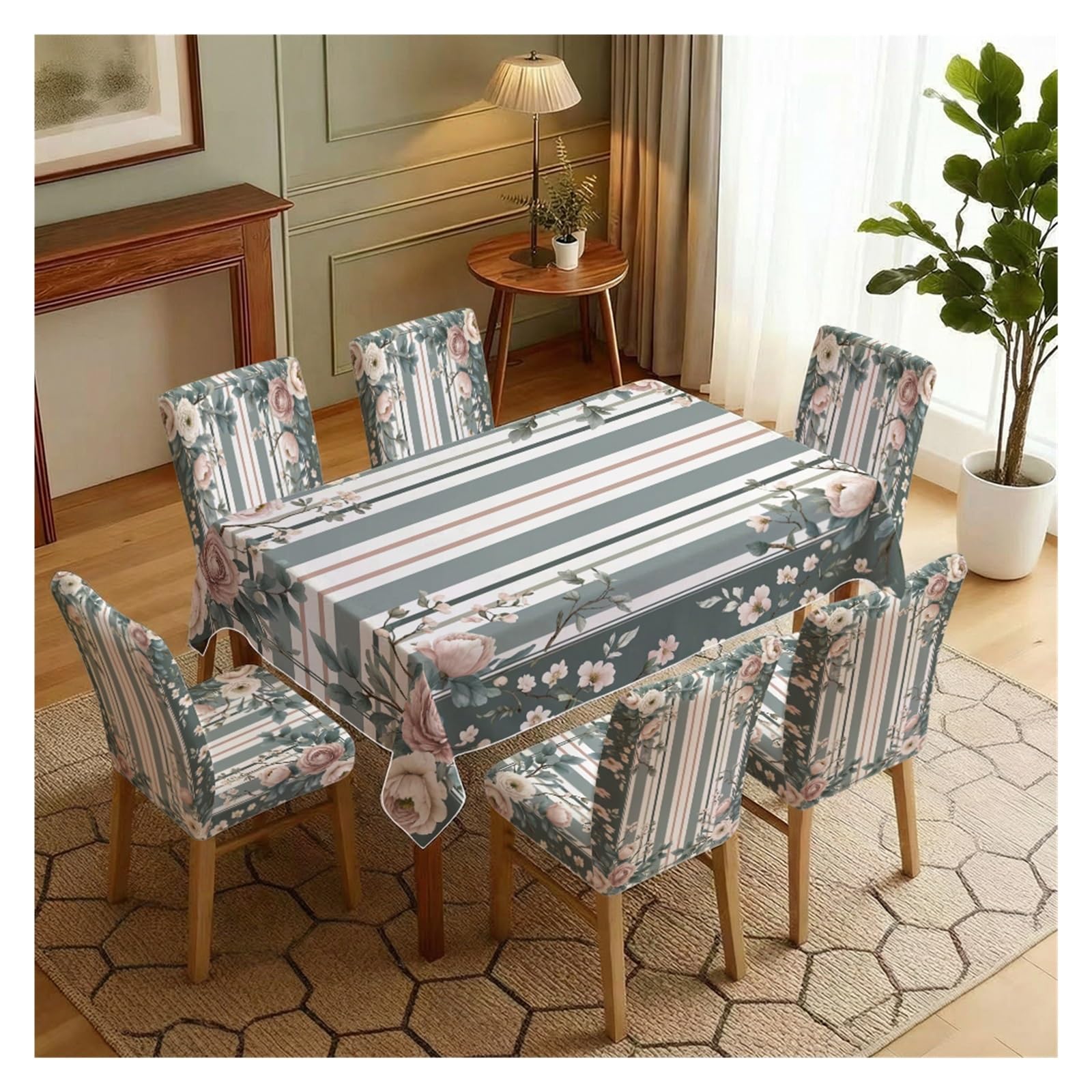 BOSUYBN Sage Green Stripe Pink Rose Dining Chair Covers & Tablecloth Set, 5/7 Piece Vintage Farmhouse Floral Slipcovers For Cottage Home Decor Table Setting(7pcs Set: Tablecloth+Chair Covers)