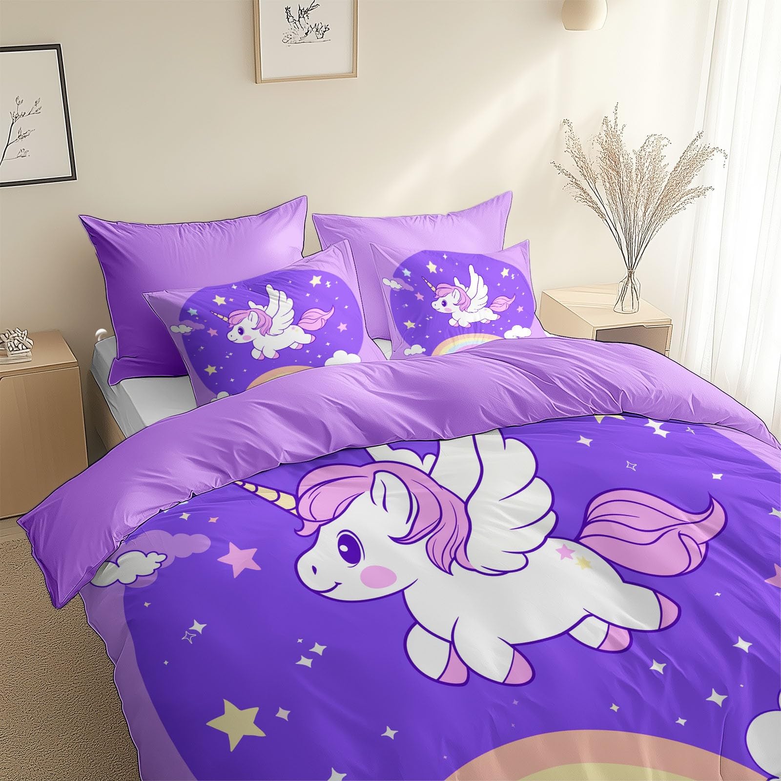 Komplet pościeli 240 x 220 cm dla dorosłych chłopców i dziewczynek, wzór tęczowego jednorożca, poszwa na kołdrę 2-osobowa z mikrofibry z zamkiem błyskawicznym, 3-częściowy z 2 poszewkami na