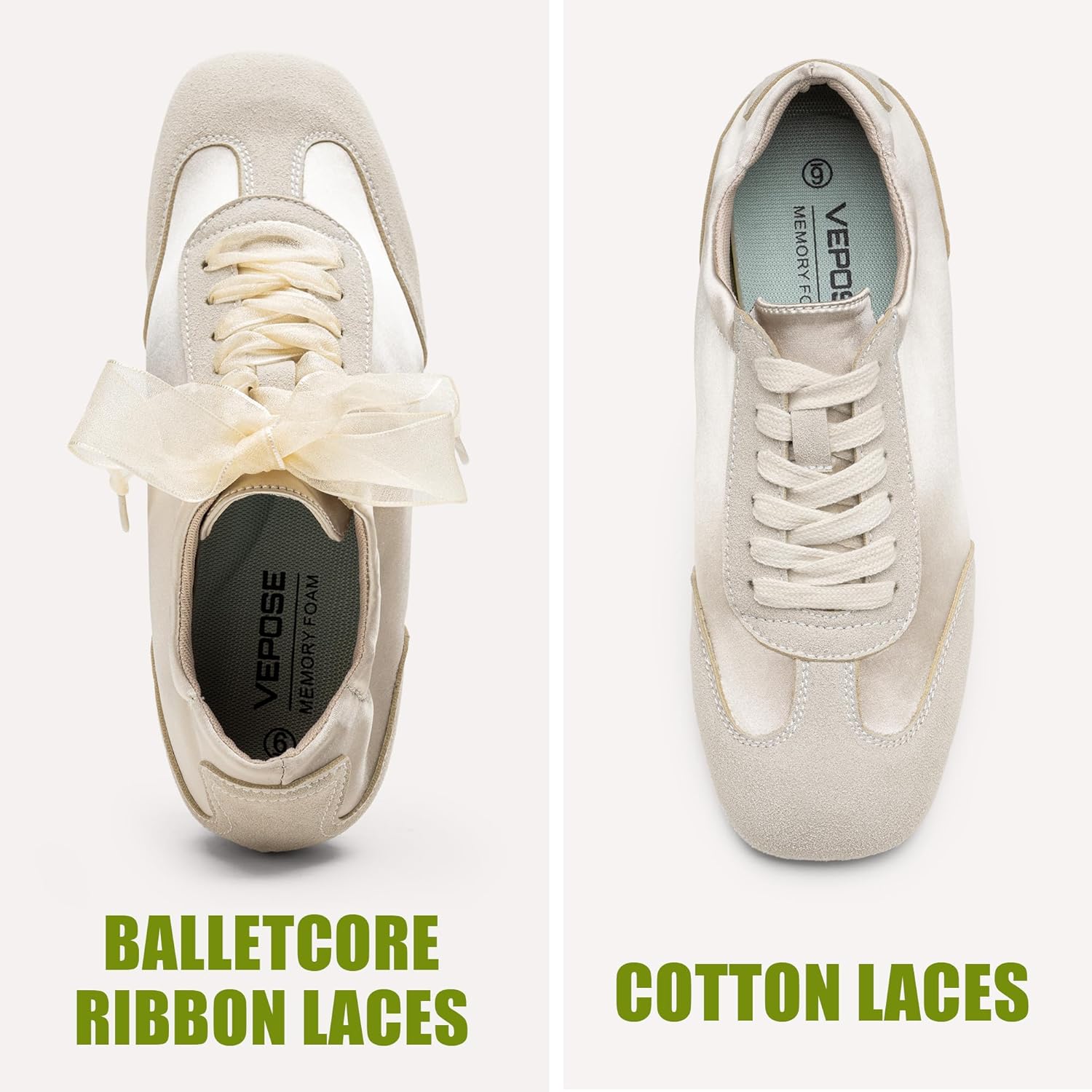 Vepose Women's Satin & Suede Gat Sneakers, Retro Classic Ribbon Lace Trainers with Memory Foam, Lightweight Non-Slip Gum Sole Walking Shoes for Travel and All-Day Wear 8202