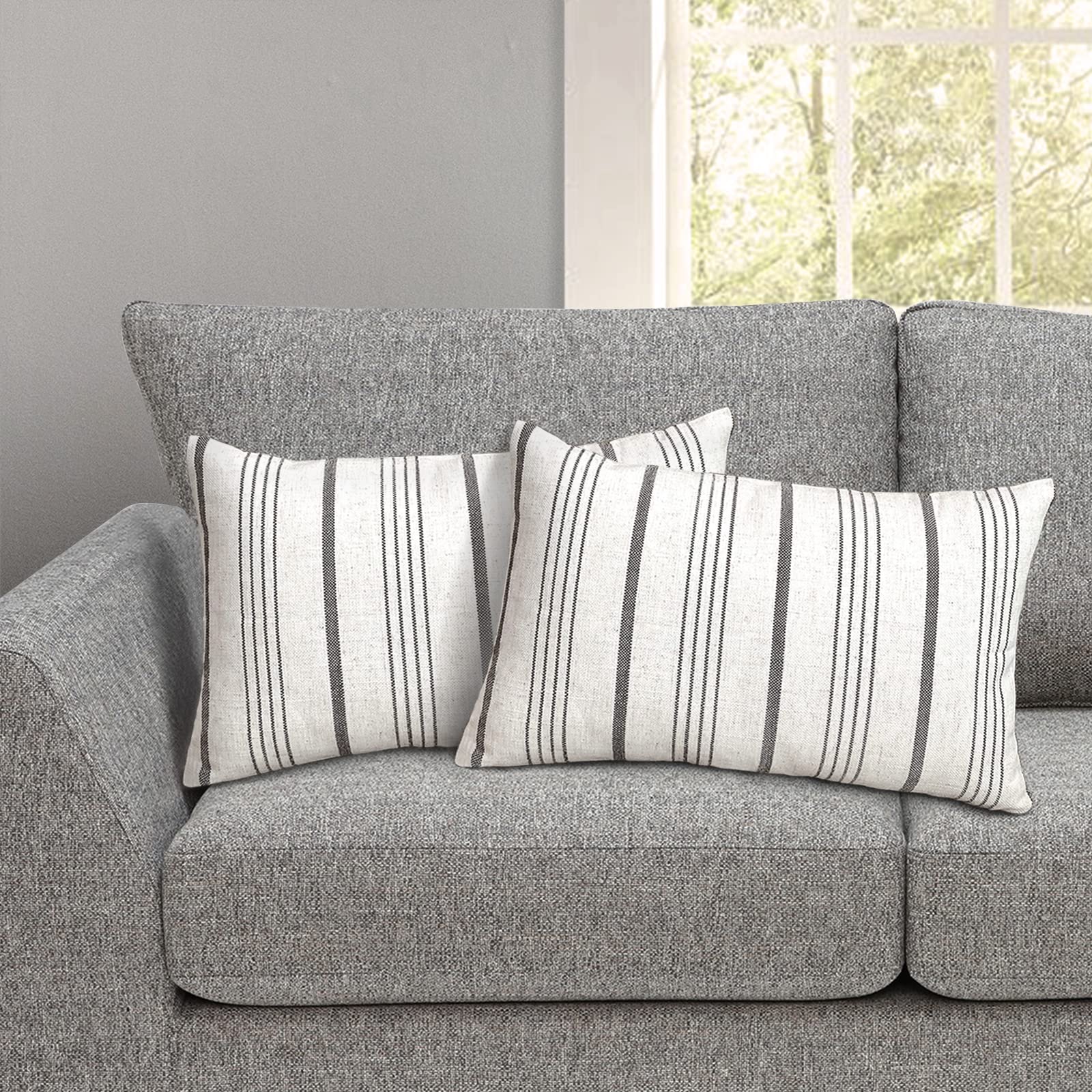 AELS Federe Cuscino Quadrate 50x50 Cm Con Frange E Righe | 2 Pezzi In Misto Lino Beige Con Cuciture Bianche/Nere | Design Bohémien Jacquard | Cerniera Visibile - 5