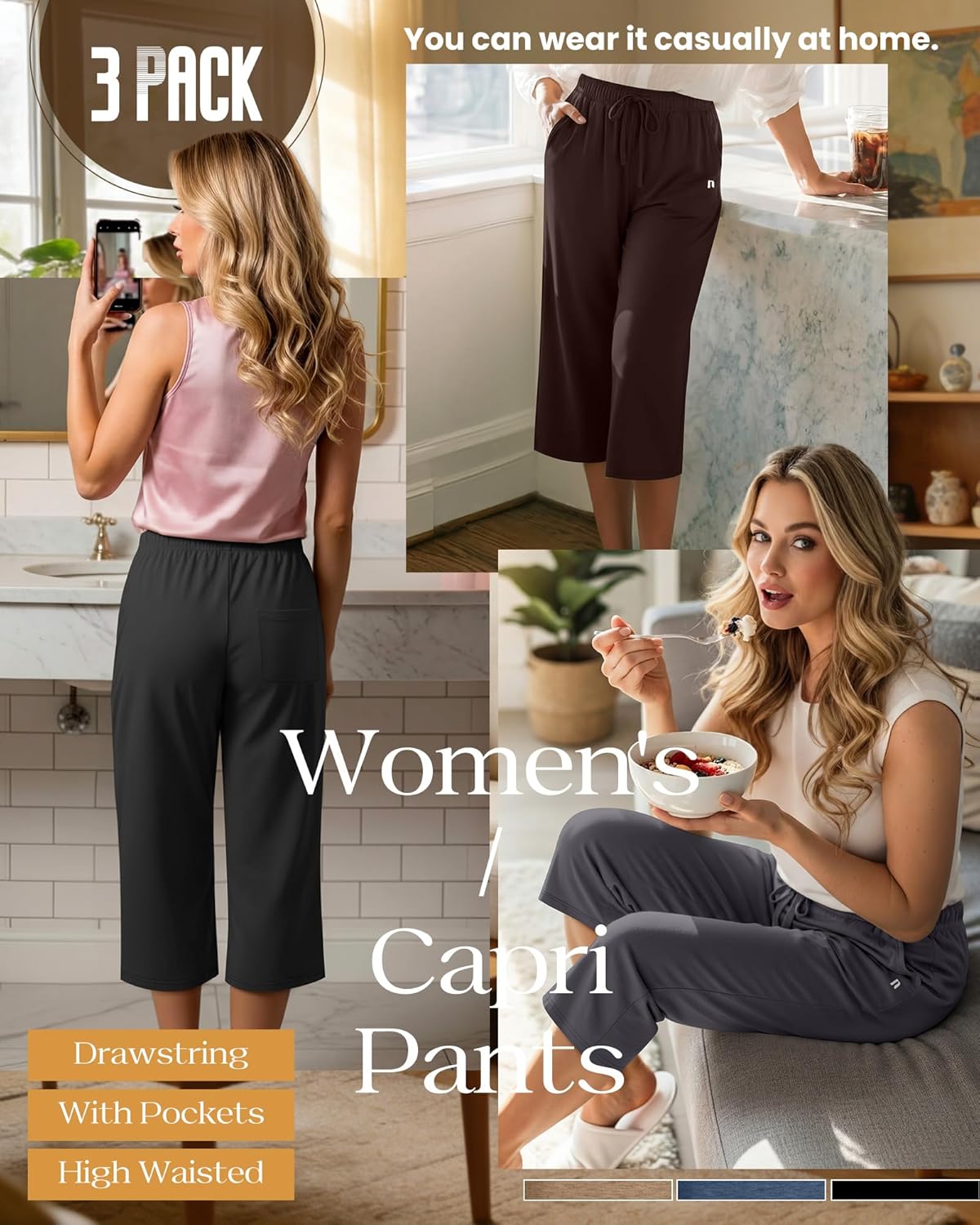 Neer 3 Pack Women's Capri Pants, Wide Leg Basic Sweatpants Lounge Loose Fit Casual Drawstring Yoga Capris with Pockets - Image 5