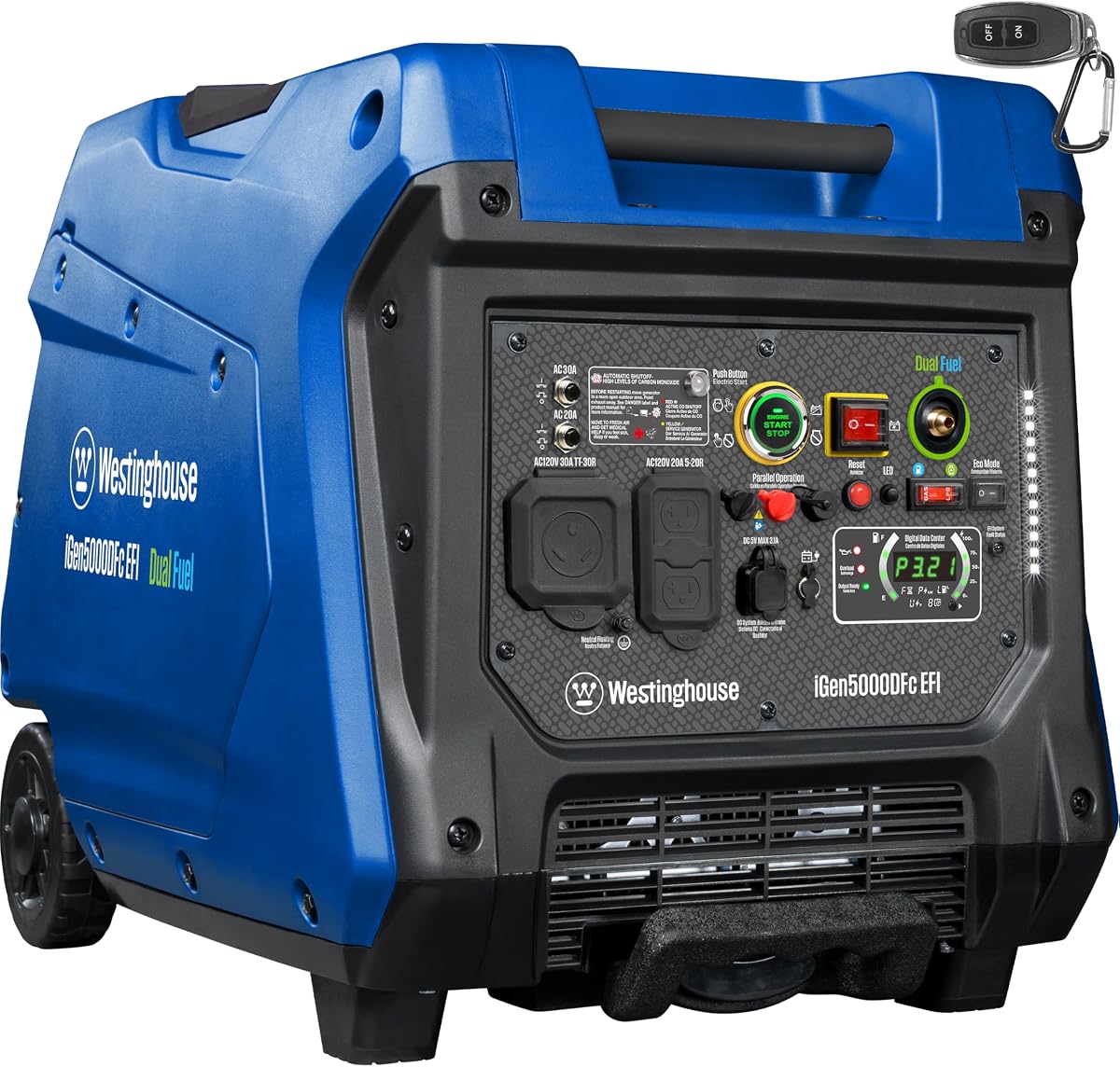 Westinghouse 5000 Peak Watt Super Quiet Dual Fuel Portable Inverter EFI Generator, Remote Electric Start, Gas &amp; Propane Powered, RV Ready, CO Sensor, Parallel Capable, CARB Compliant