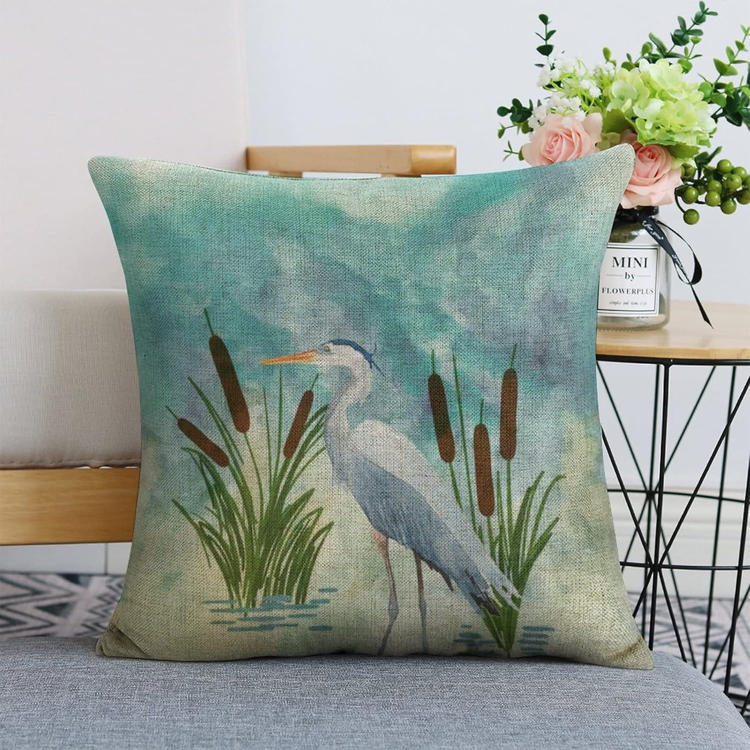Decorative Throw Pillow Covers 18X18 Watercolor Blue Heron Square Linen Pillowcases Cushion Case for Couch Sofa - Image 7