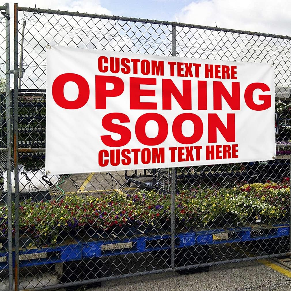Custom Vinyl Banner Multiple Sizes Opening Soon Red Coming Soon Outdoor Weatherproof Industrial Yard Signs 4 Grommets Personalized Text Here 24x36Inches