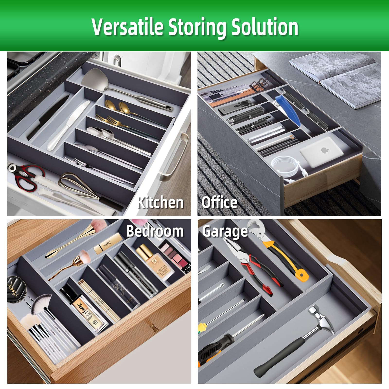 Besilord Besteck-Organizer, Küchenschublade, Organizer, Utensilien-Organizer, Bambus, Besteck-Organizer in Schublade, Besteck-Organizer (9 Fächer, Grau