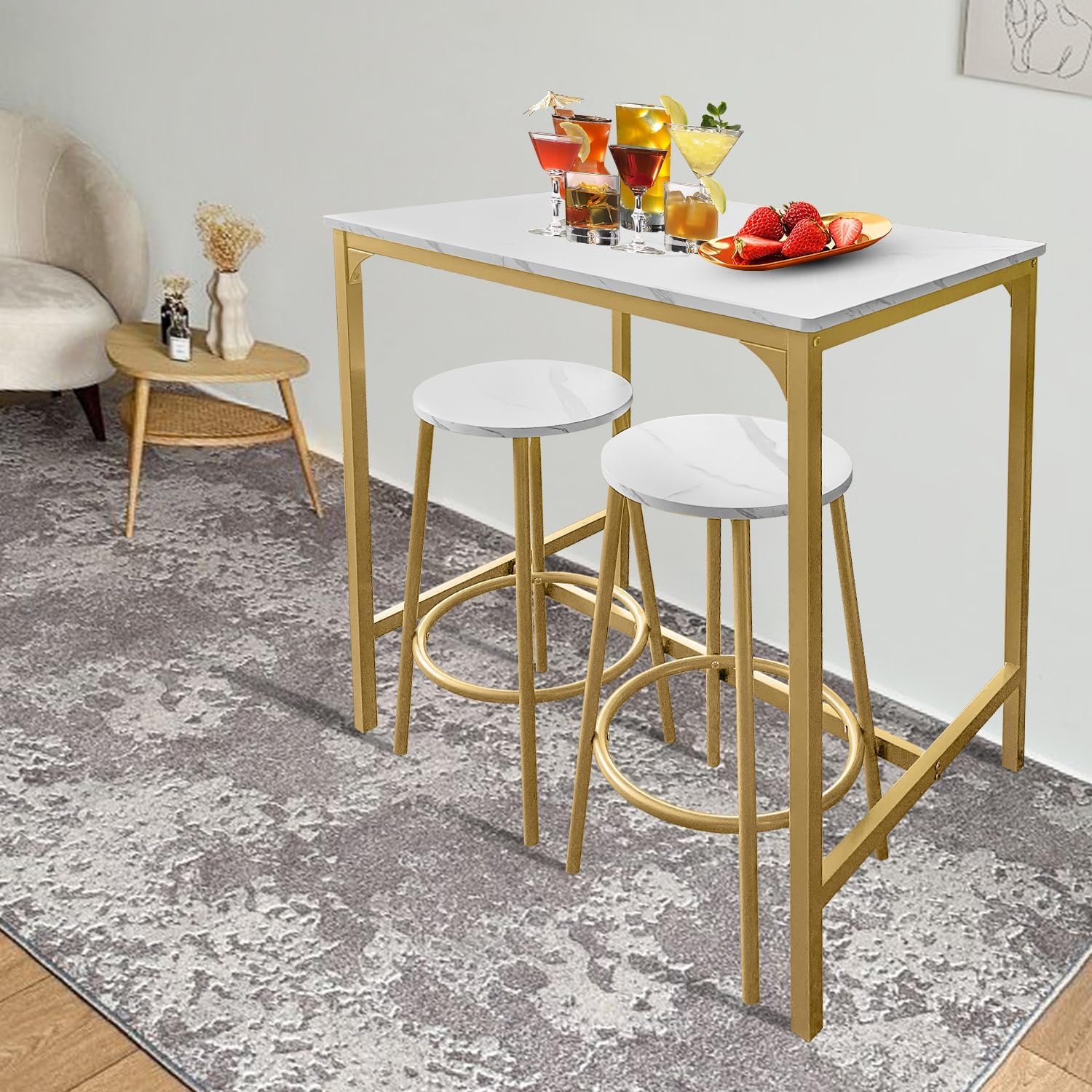 AT-VALY 3-Piece Bar Table Set with 2 Stools,Dining Room Table Set,Small Spaces (Gold)
