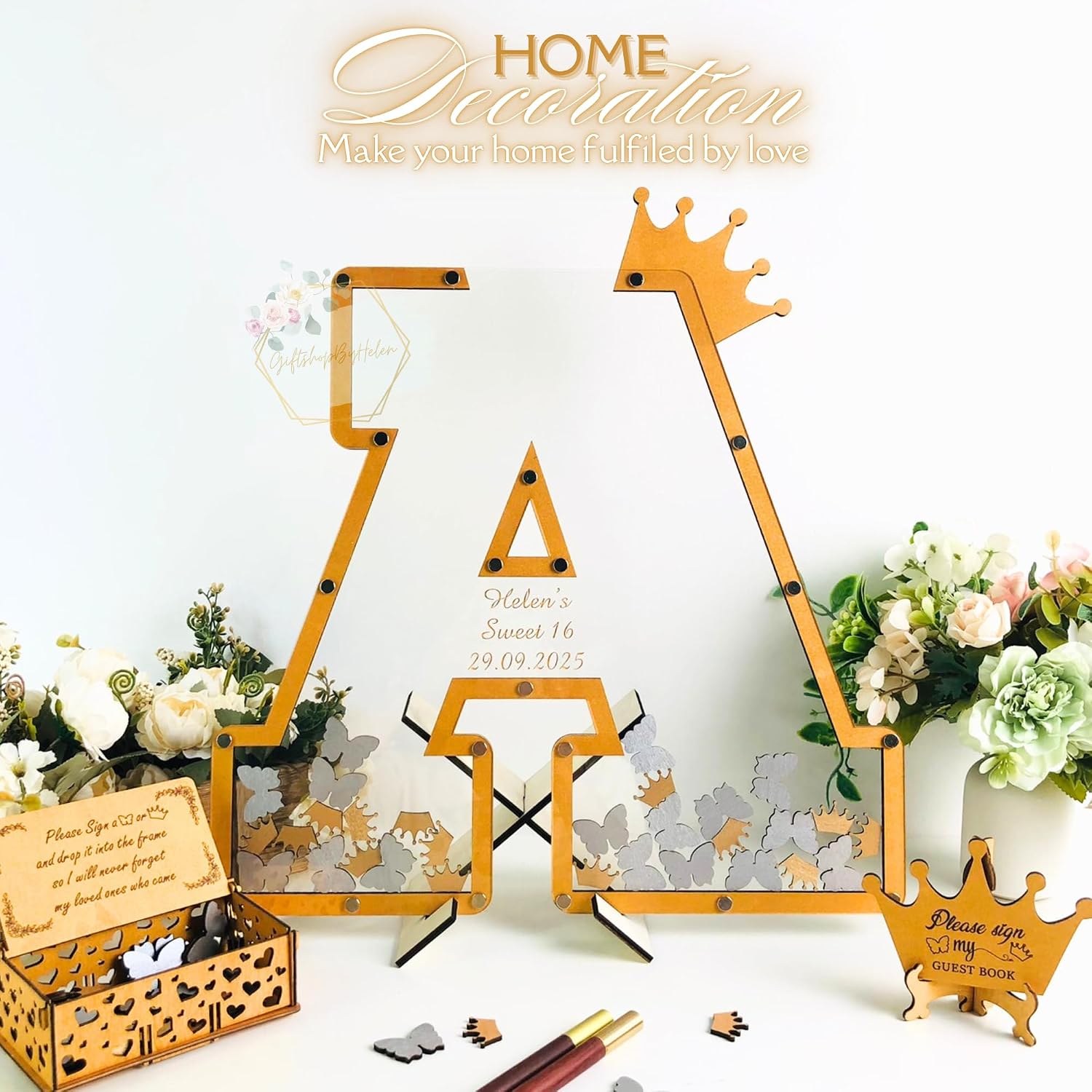 Quinceañera Sweet 16 Guest Book Alternative Drop Box Butterfly Crown | Personalized XV and 15th birthday sign-in board; guests drop a wooden chip into your initial; includes card box and sign