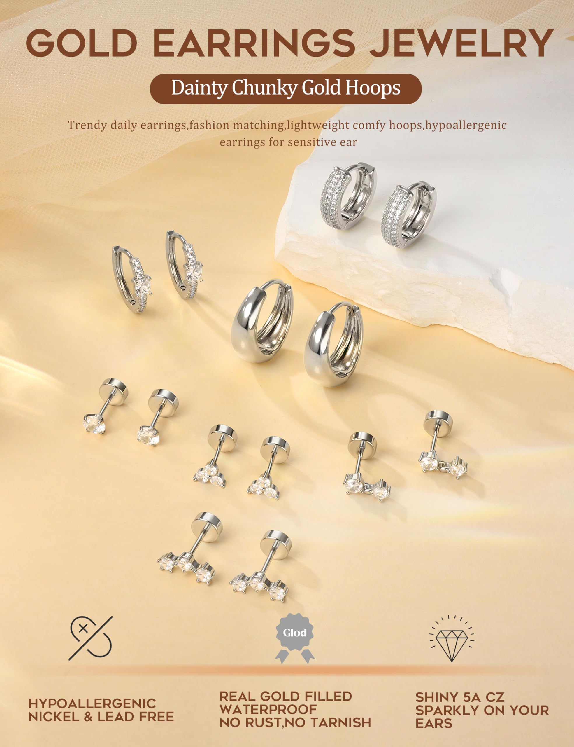 CASSIECA 7Paia Orecchini Cerchio Oro Argento Piercing Orecchio Acciaio Chirurgico Orecchini Anallergici Donna Piercing Helix Trago per Fori Multipli