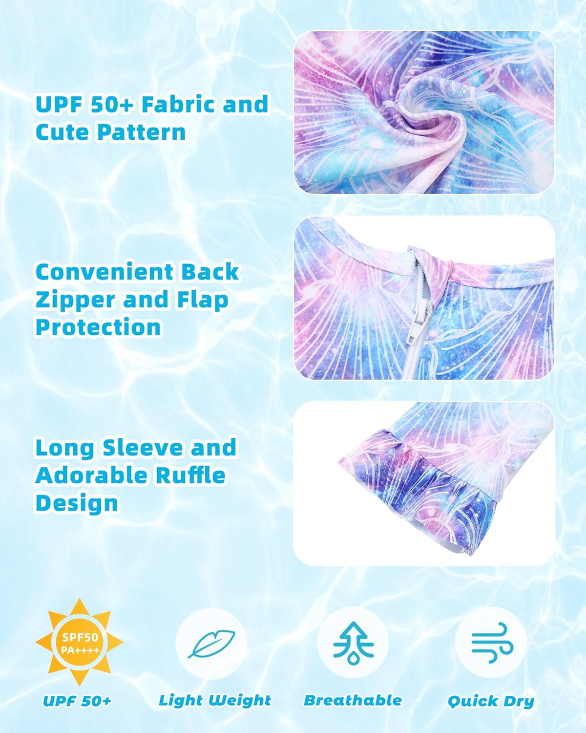 Girls One Piece Swimsuits Long Sleeve Ruffle Zipper Bathing Suit Cute Kids UPF 50+ Rashguard Swimwear 1-6 Years - Image 3