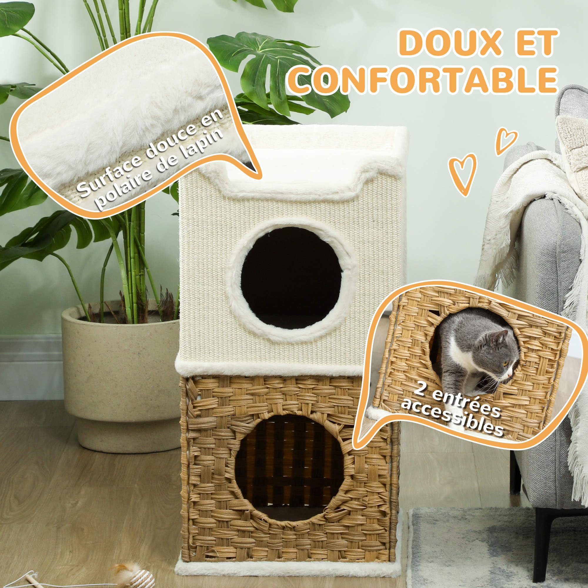 PawHut Niche pour Chat d'intérieur à 3 Niveaux avec Plateau supérieur Ouvert, Tour pour Chat, tonneau à gratter en sisal pour Animaux jusqu'à 6 kg, 41 x 41 x 75,5 cm, crème