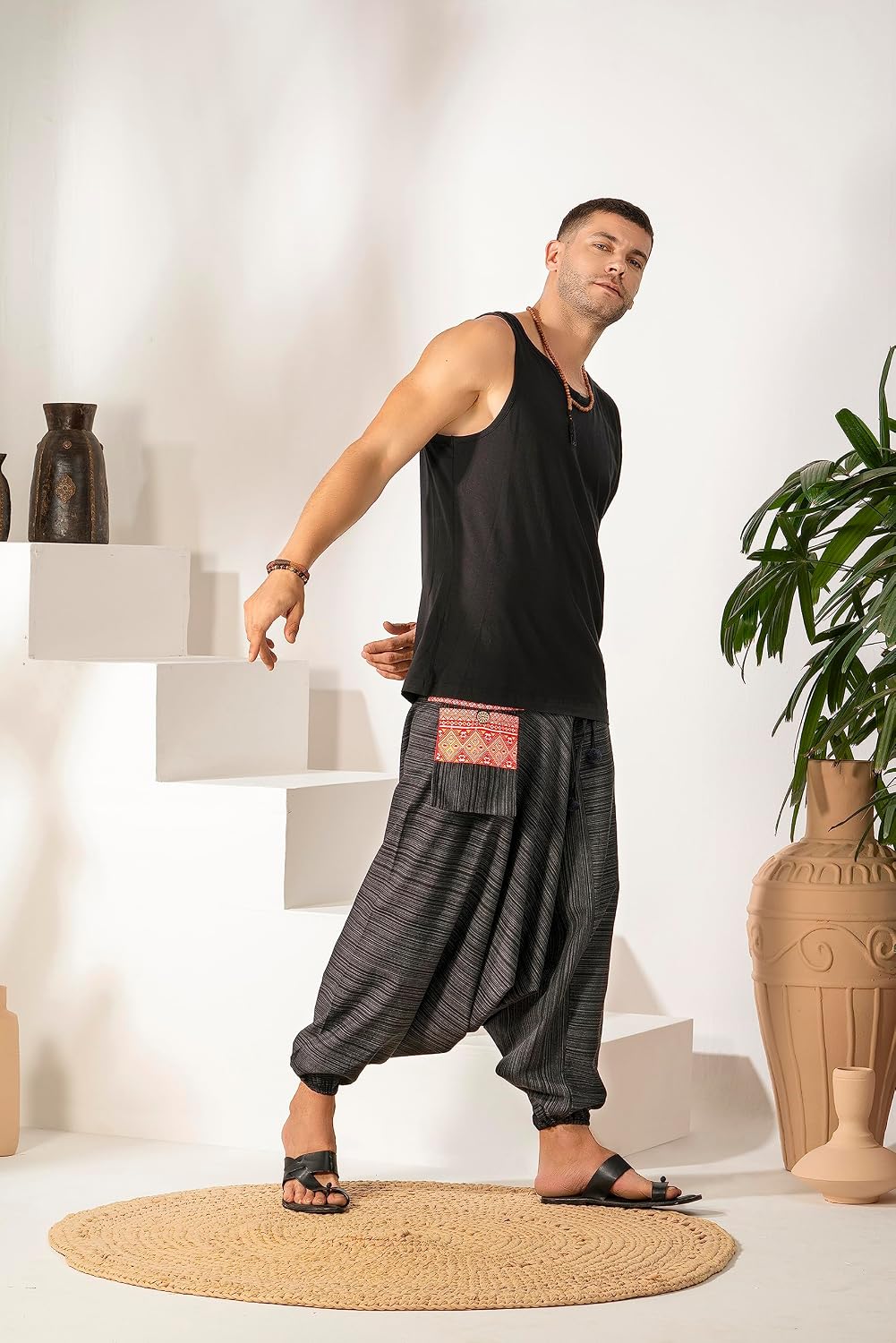 Soft Boho Harem Pants Pajama for Men, 100% Cotton High Waisted Harem Yoga Bottoms For Him