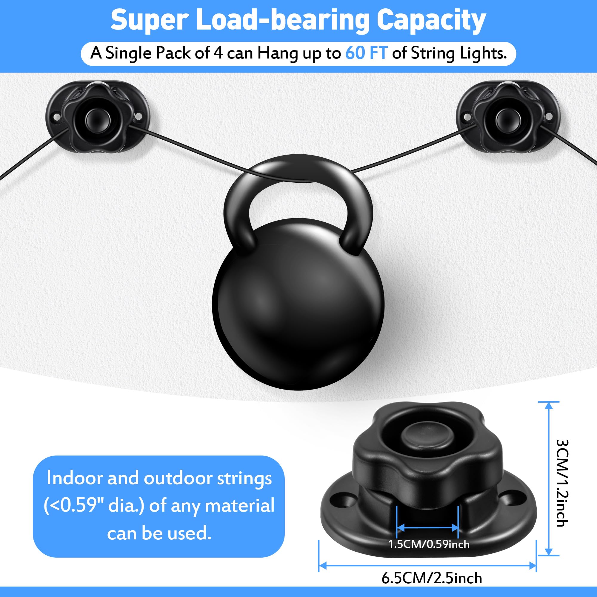 Saillong 4 Pack Heavy Duty String Light Kit: Weatherproof Hanging Anchors, Outdoor Hanger Hooks for Fairy, Patio, Party Lights, Shade Sails, Black