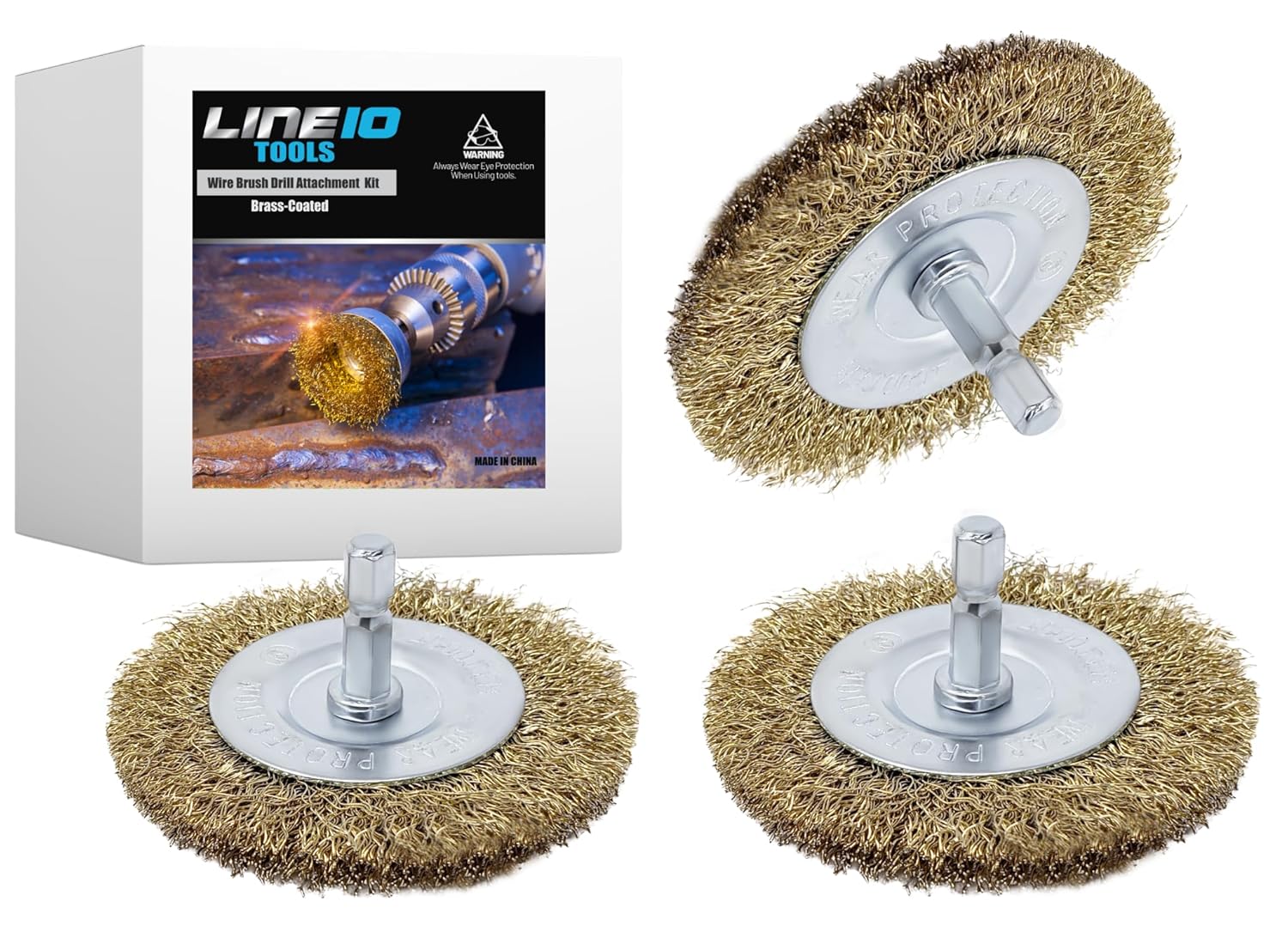 LINE10 Tools 3pk 4-Inch Large Wire Wheel Brush Drill Impact Driver Attachment Circular Round Brass Coated Steel Grill Cleaning Heavy Duty Scrubbing Paint Rust Removal Deburring Metal 1/4" Hex Shank