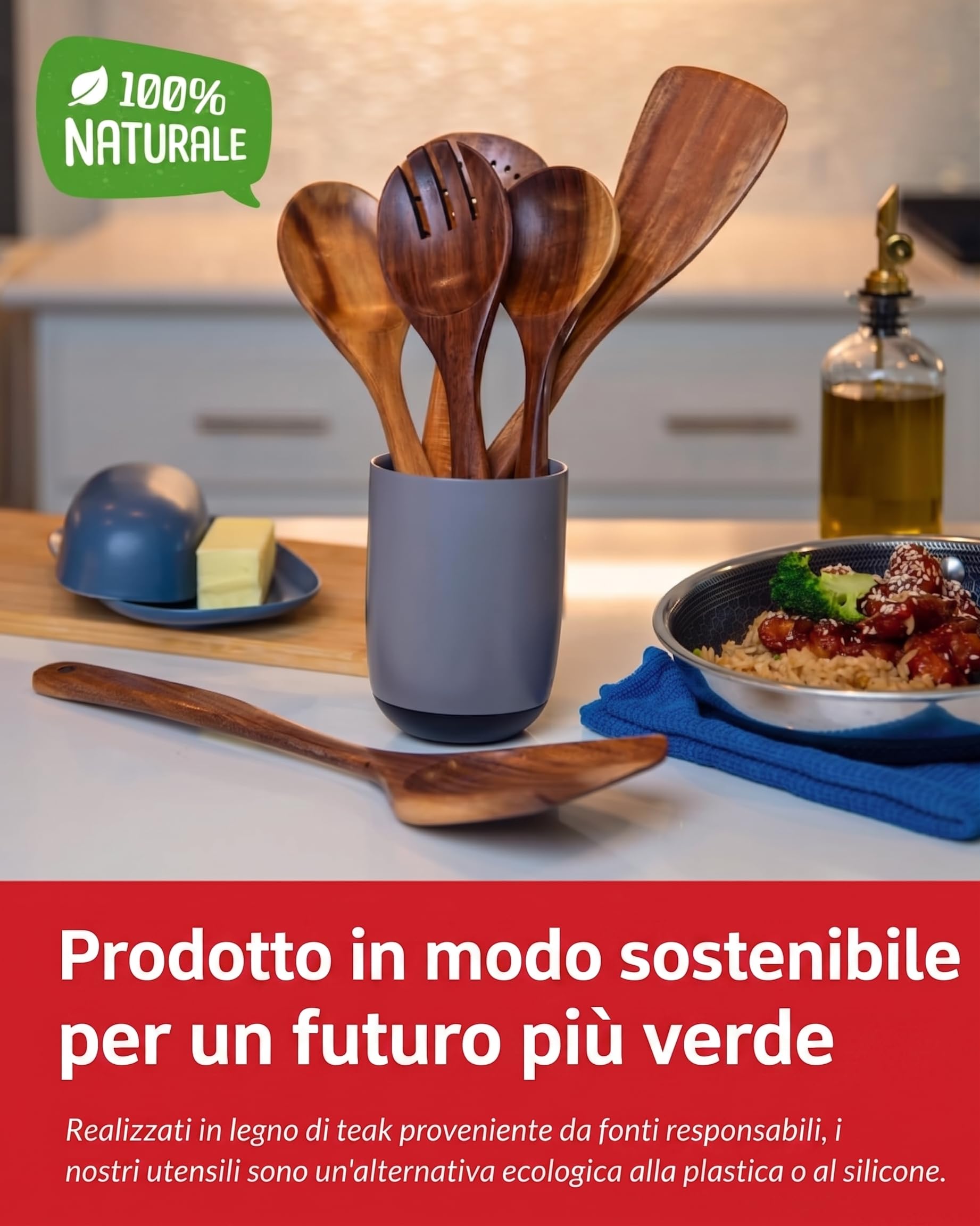 Set di Utensili in Legno di Teak di Lusso - Elegante Ensemble da Cucina da 6 Pezzi Inclusi Cucchiai, Mestolo, Raschietto & Spatola - Realizzato con Maestria per l'Eccellenza Culinaria