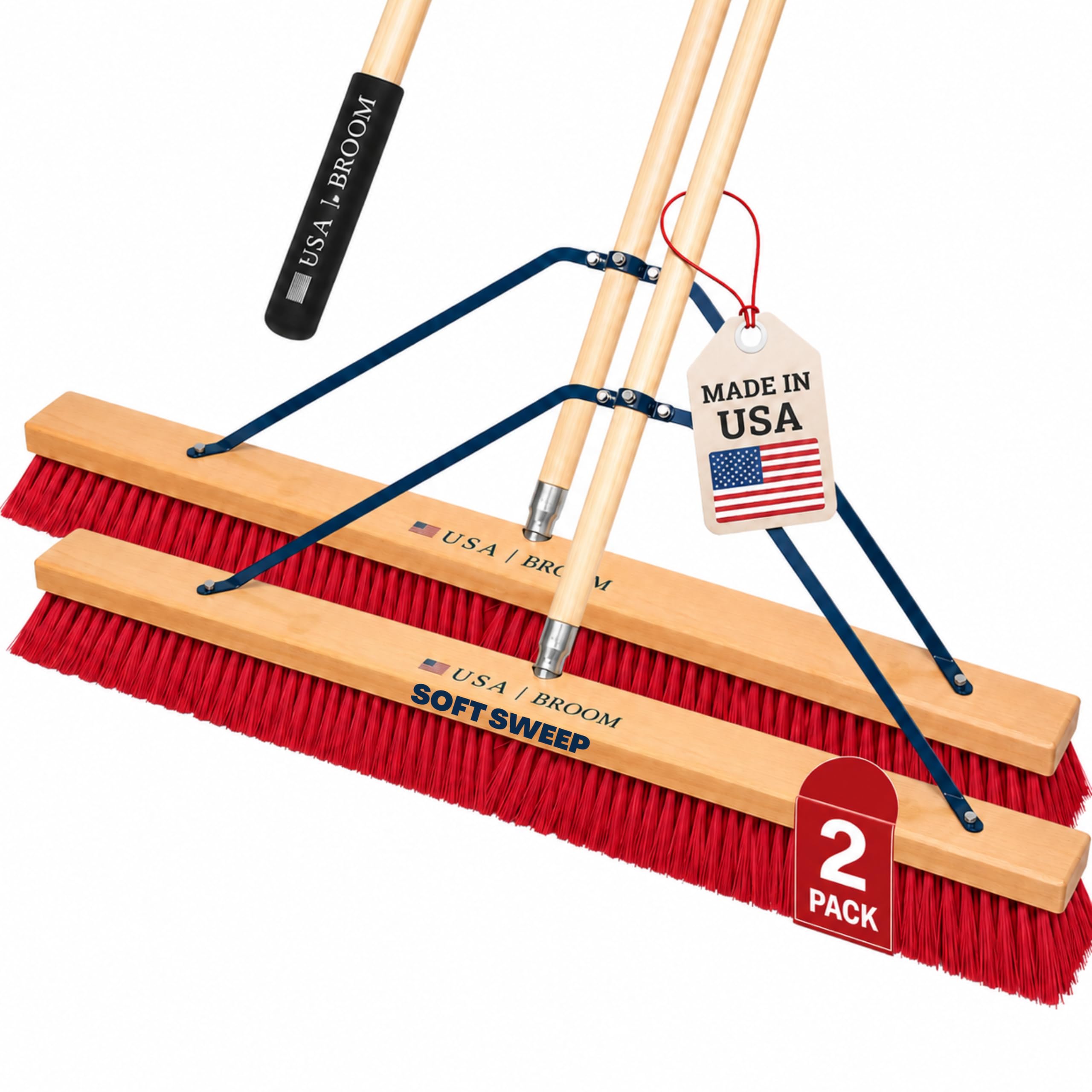 2-Pack - 36" Soft/Fine Sweep Indoor Push Broom with 60" Handle. Ideal for Epoxy &amp; Polished Floors. Durable American Made Steel Brackets-All Stainless Steel Hardware. No Plastic. 100% USA Made